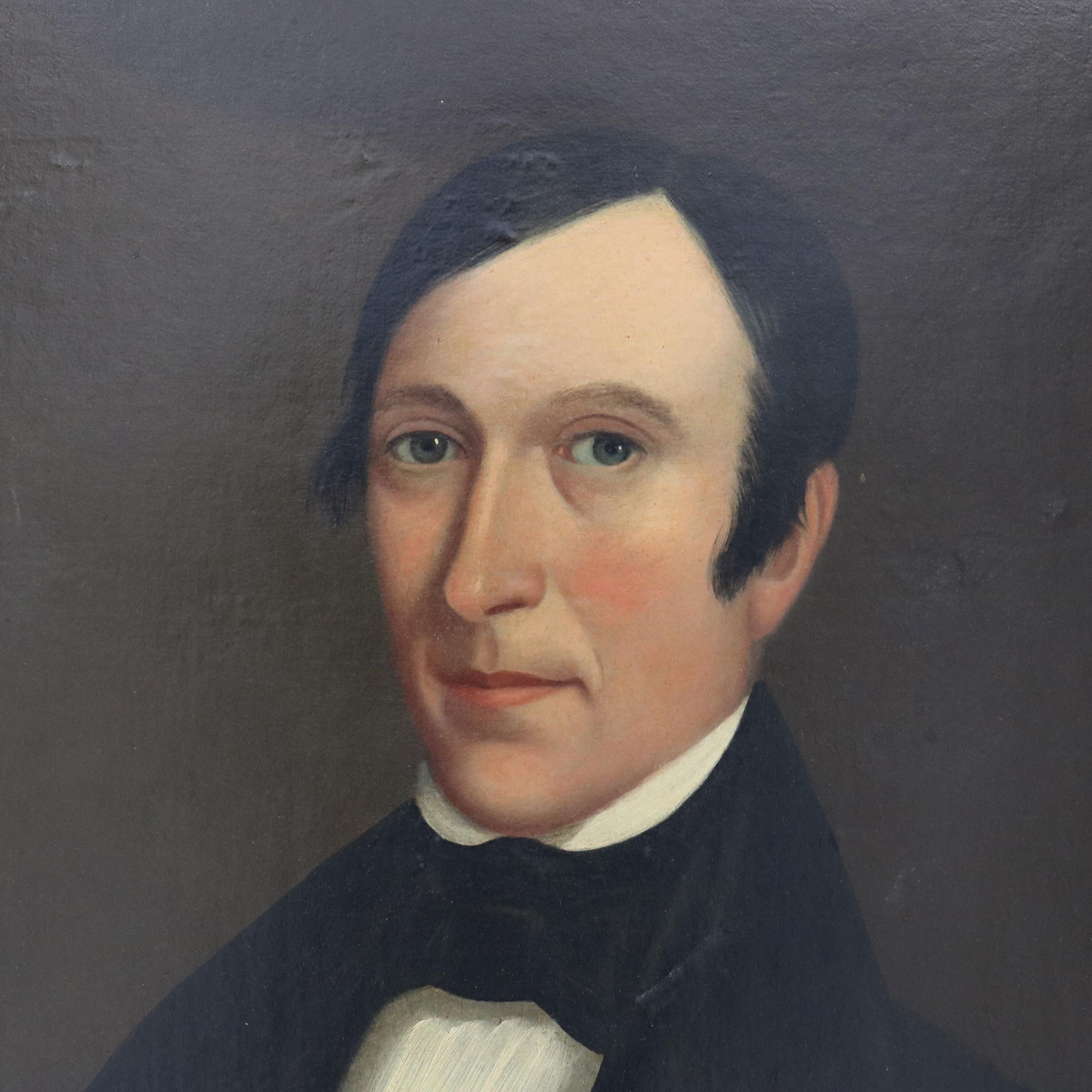 Coppia di antichi ritratti di uomo e donna olio su tavola, incorniciati, C1840 In condizioni buone a Big Flats, NY
