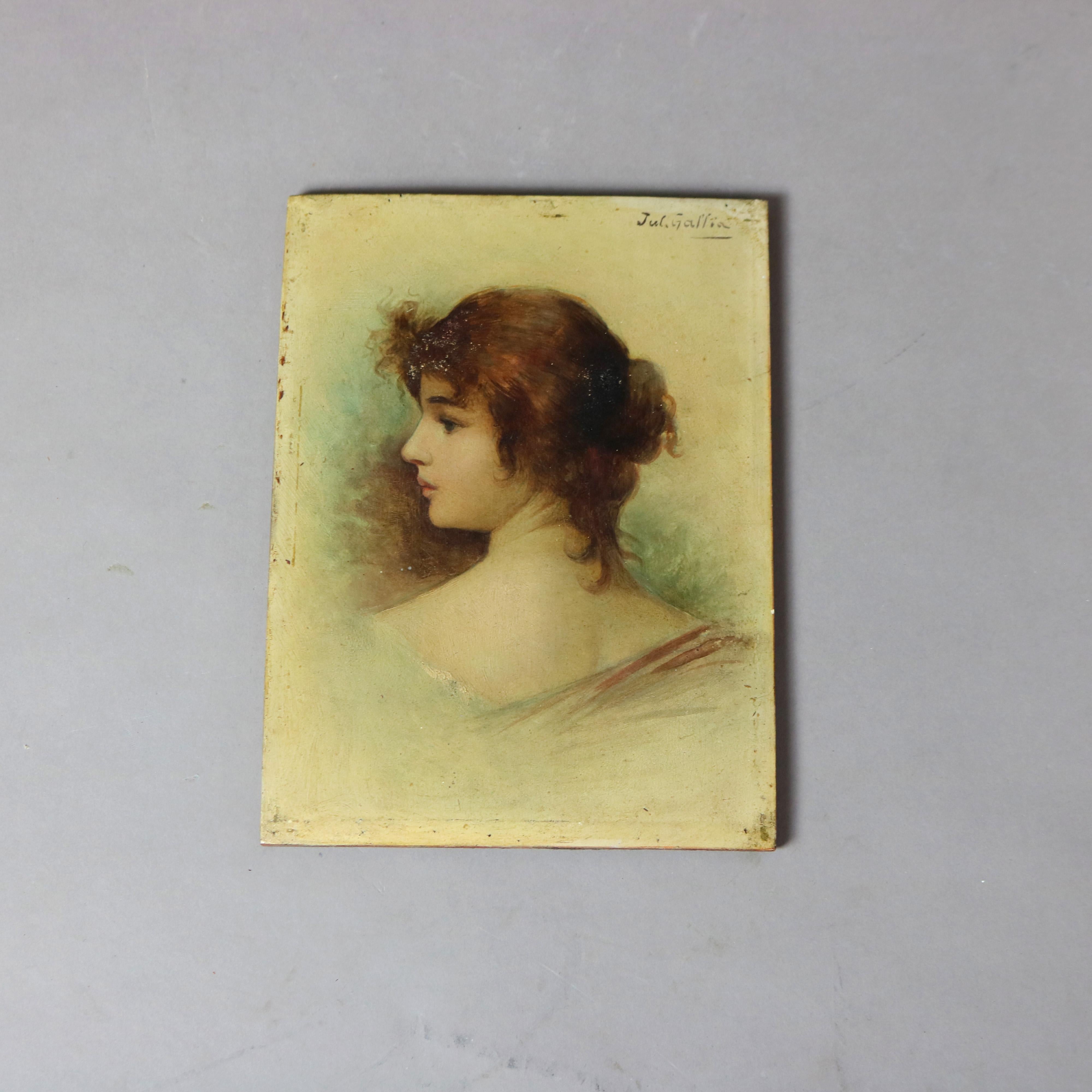 Pair of Antique Oil on Board Portraits of Women Signed By Jul Gallin C1890 In Good Condition In Big Flats, NY