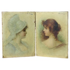 Pair of Antique Oil on Board Portraits of Women Signed By Jul Gallin C1890