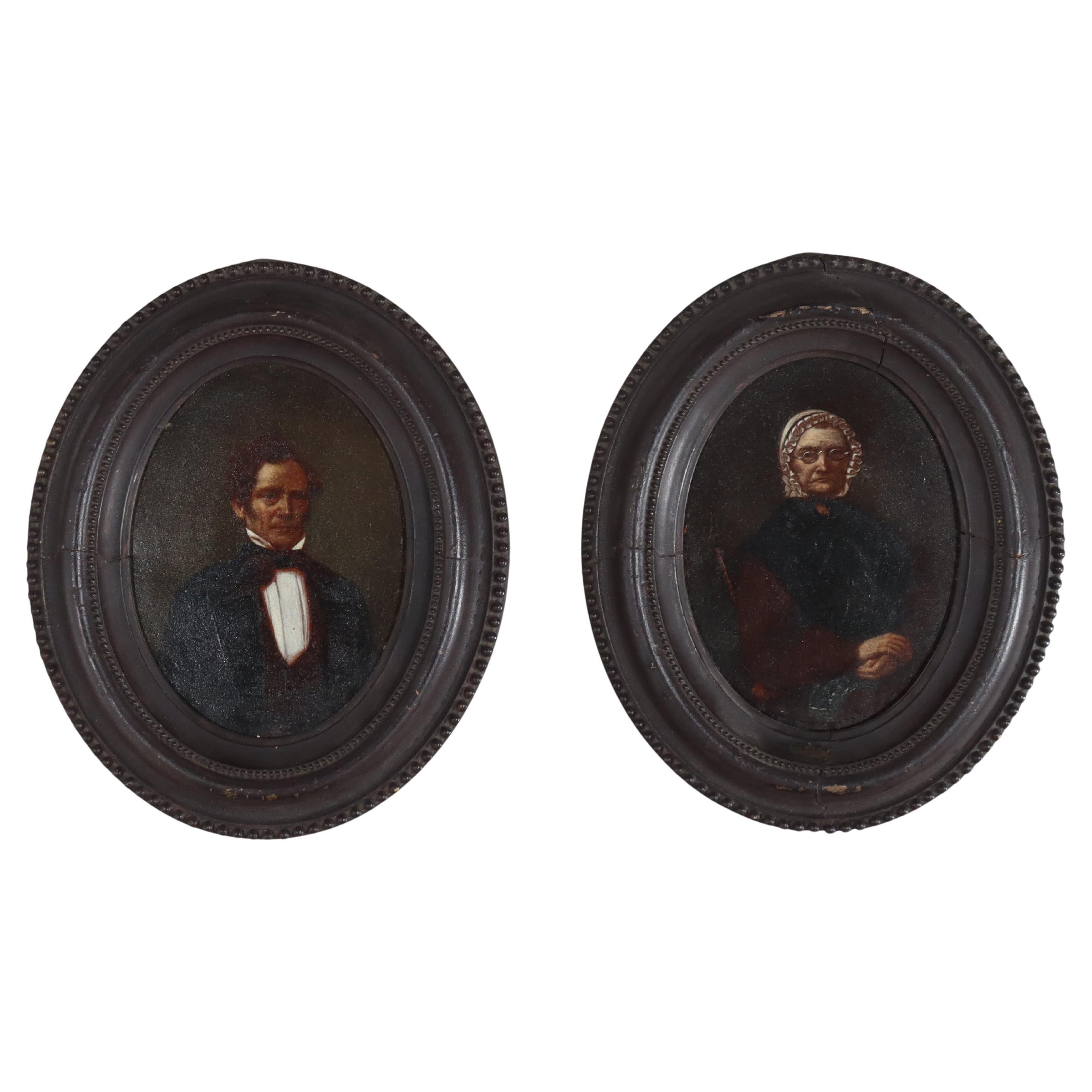 Pair Of Antique Oil On Canvas Portraits Of A Man & Woman 19thC For Sale