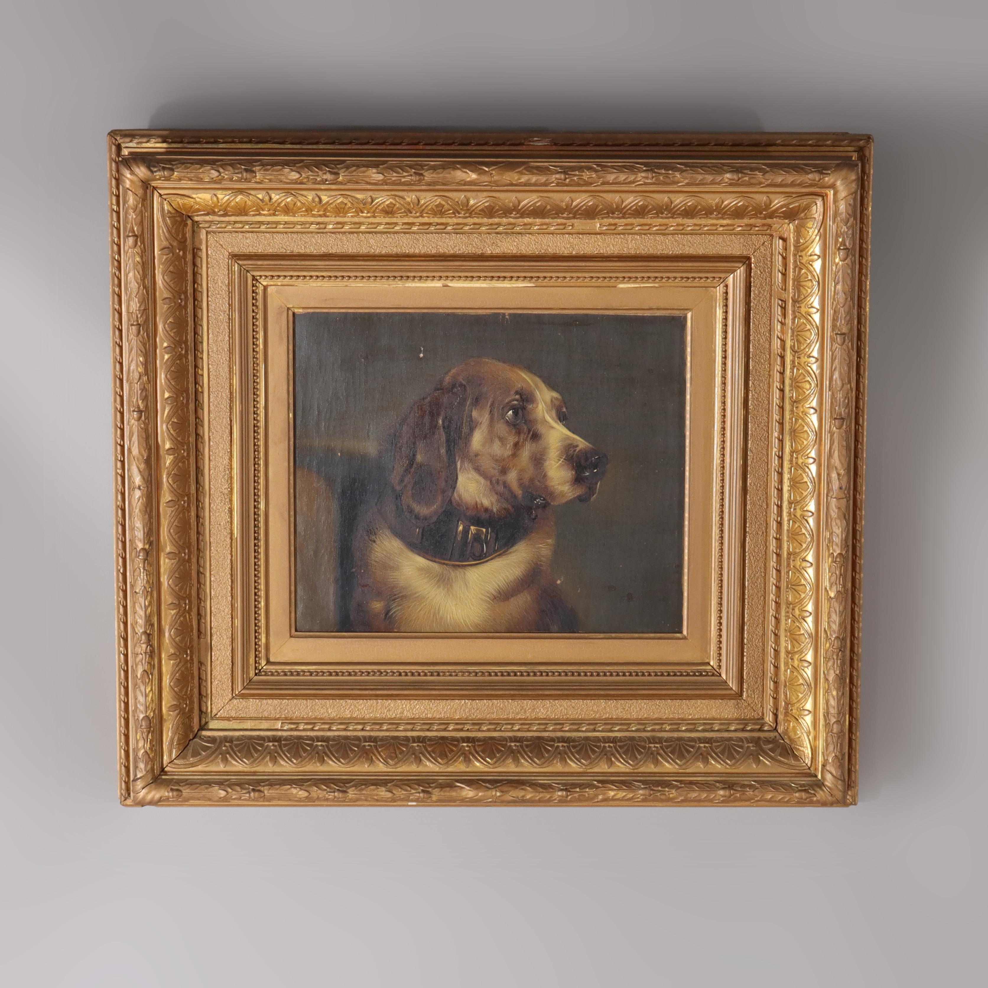 Paire de portraits de chiens à l'huile sur toile, encadrés, datant de 1890 (28 1/4
