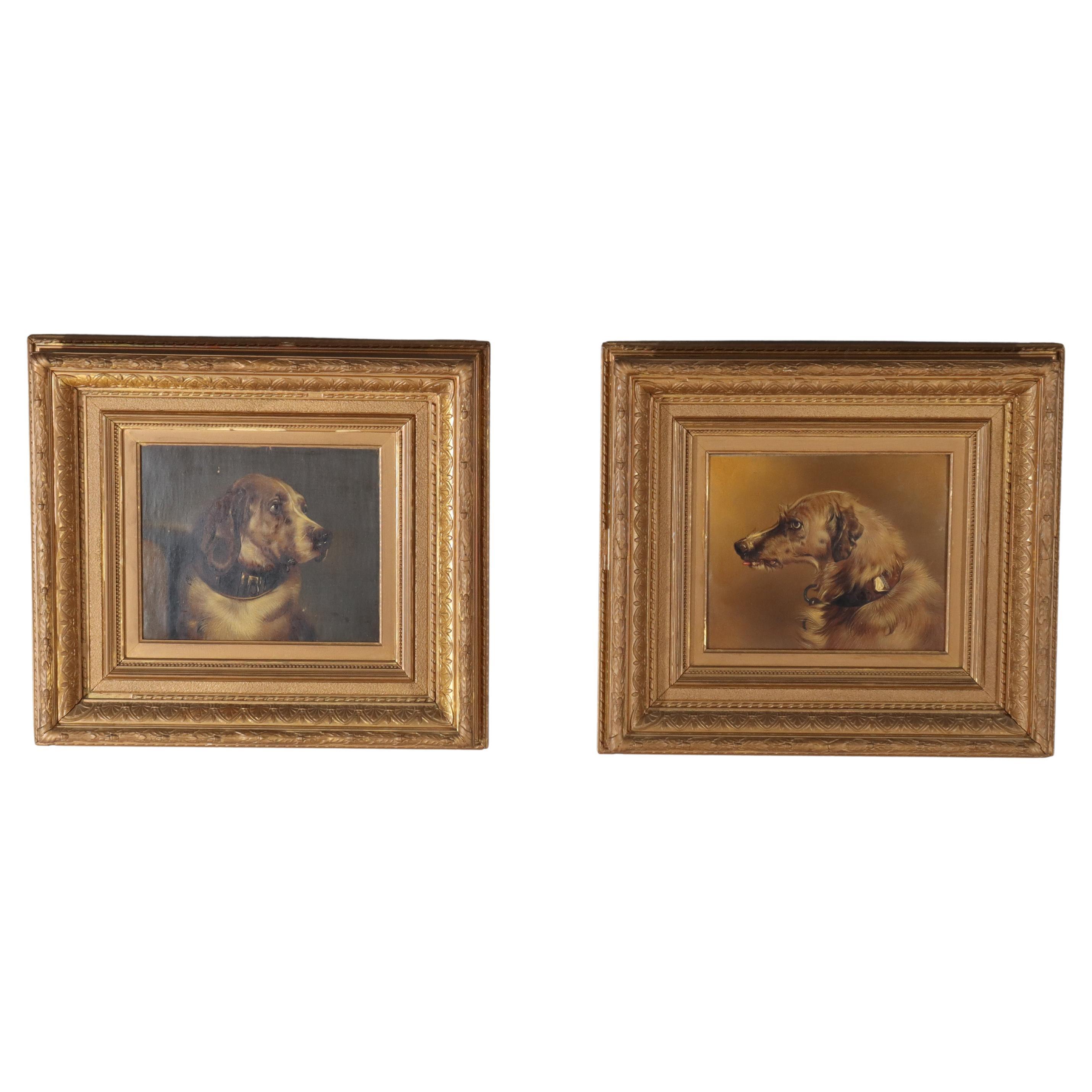 Paire d'anciens portraits de chiens à l'huile sur toile, encadrés, C1890 en vente
