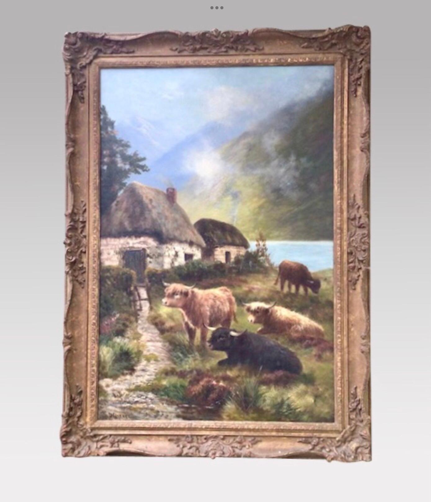 Pair of antique oil paintings by Daniel Sherrin.
Oil on canvas in original frames
Signed.
Circa 1890
Frame, 25.5 ins x 35 ins.
Canvas 20 ins x 30 ins.

Highland cattle on a Scottish mountainous landscape.

Daniel Sherrin was born in 1868 at