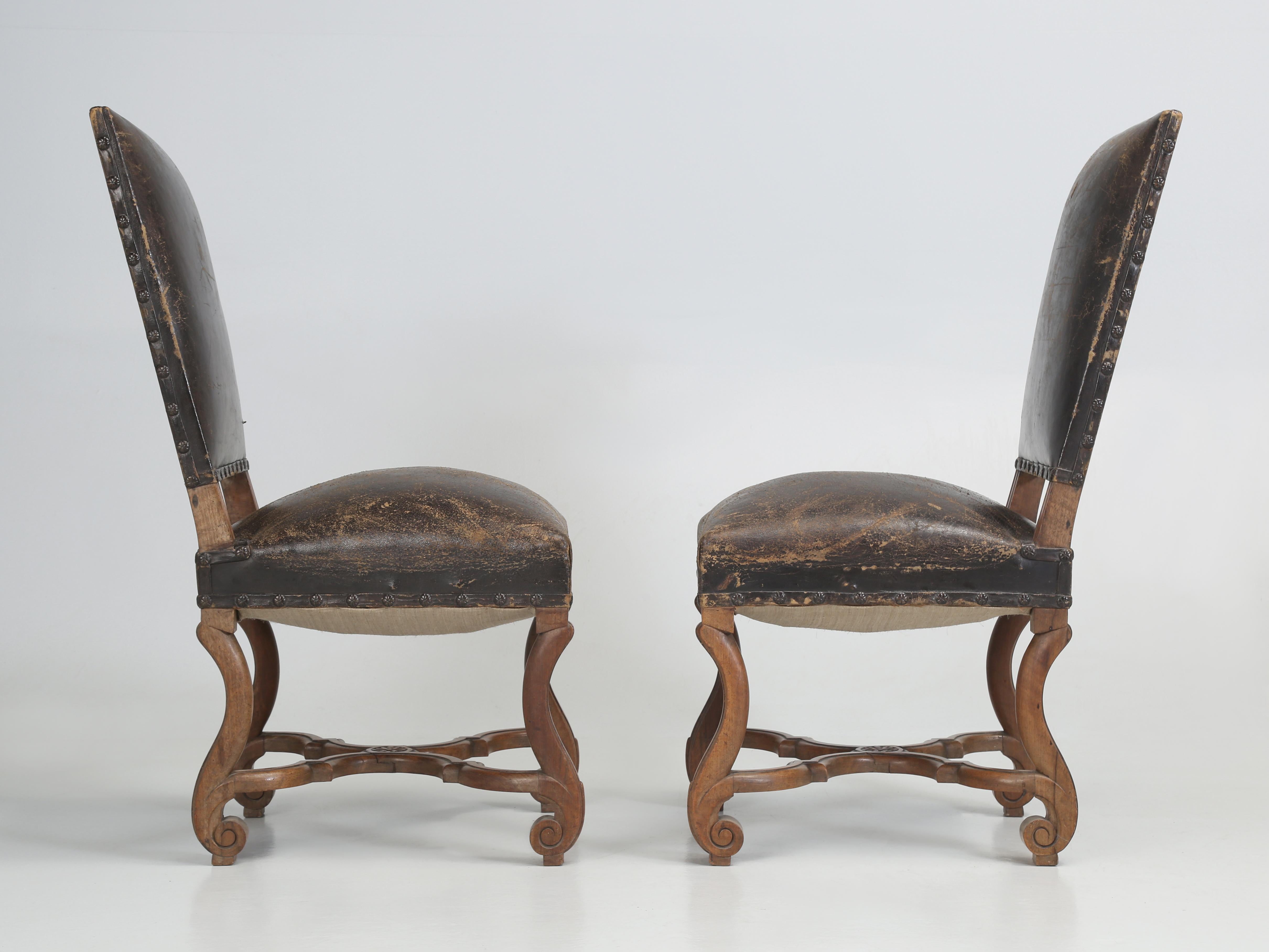 Pair of Antique Old Leather Side Chairs Probably Italian Early 1900s Unrestored For Sale 7