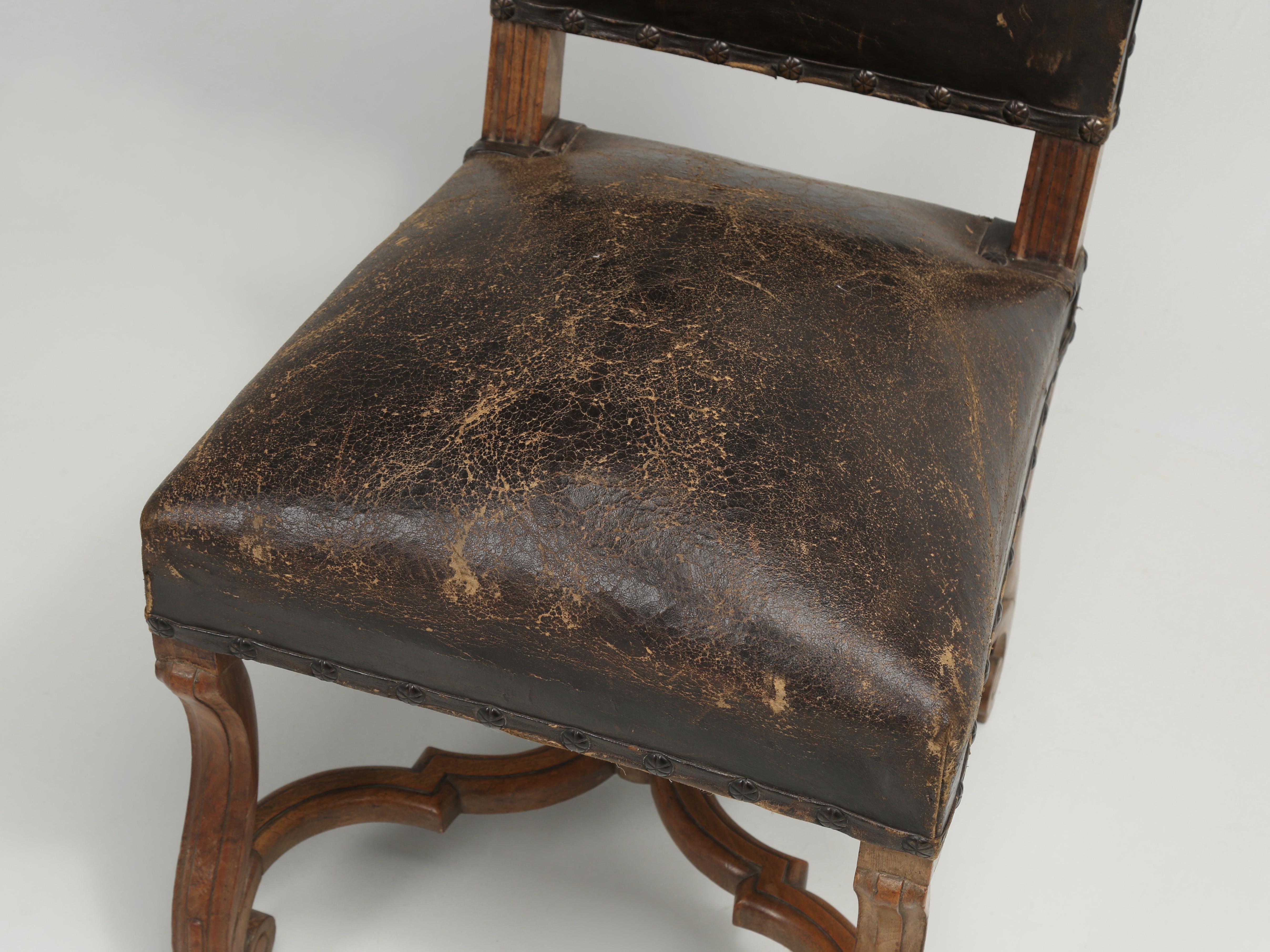 Hand-Carved Pair of Antique Old Leather Side Chairs Probably Italian Early 1900s Unrestored For Sale
