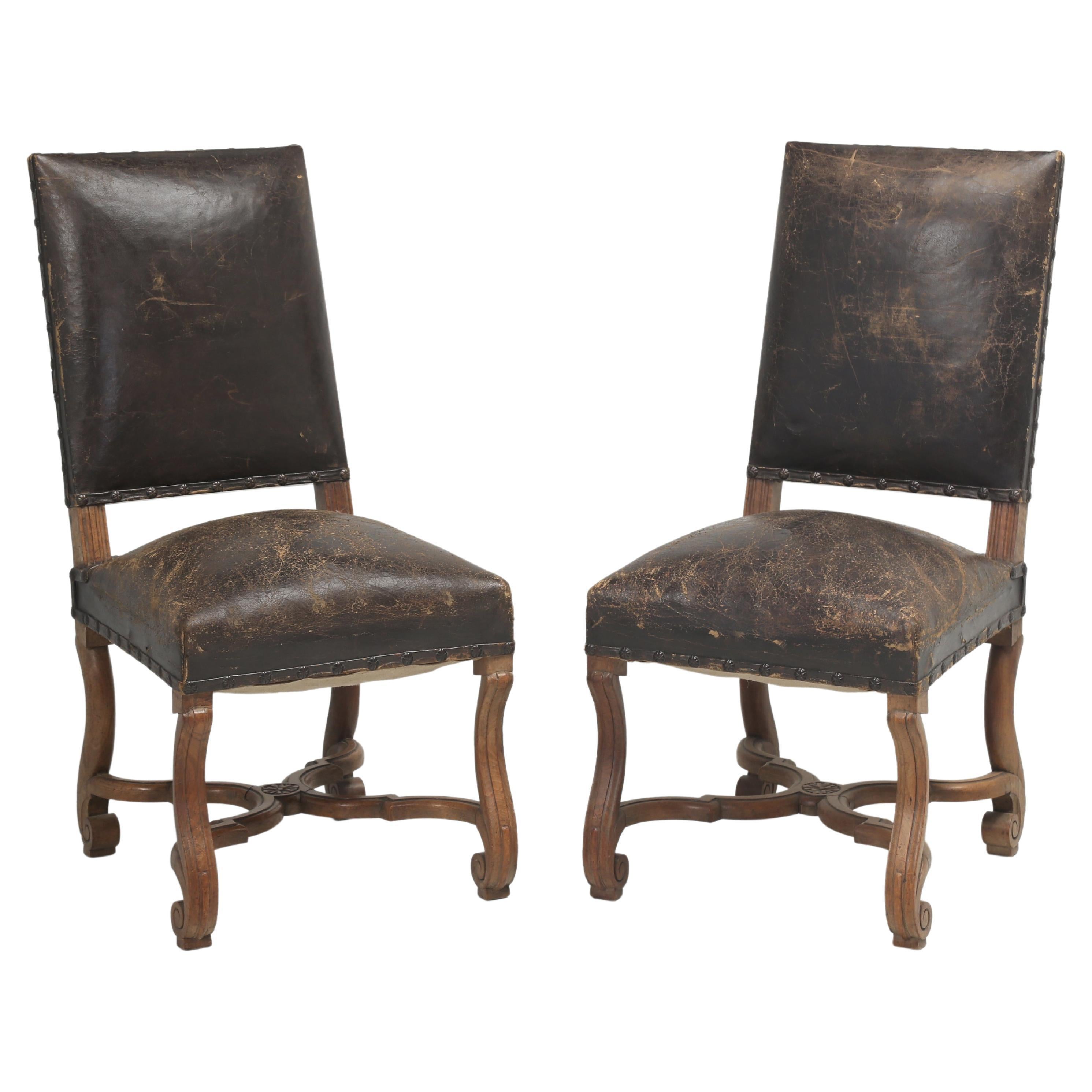 Pair of Antique Old Leather Side Chairs Probably Italian Early 1900s Unrestored For Sale
