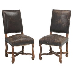 Pair of Antique Old Leather Side Chairs Probably Italian Early 1900s Unrestored