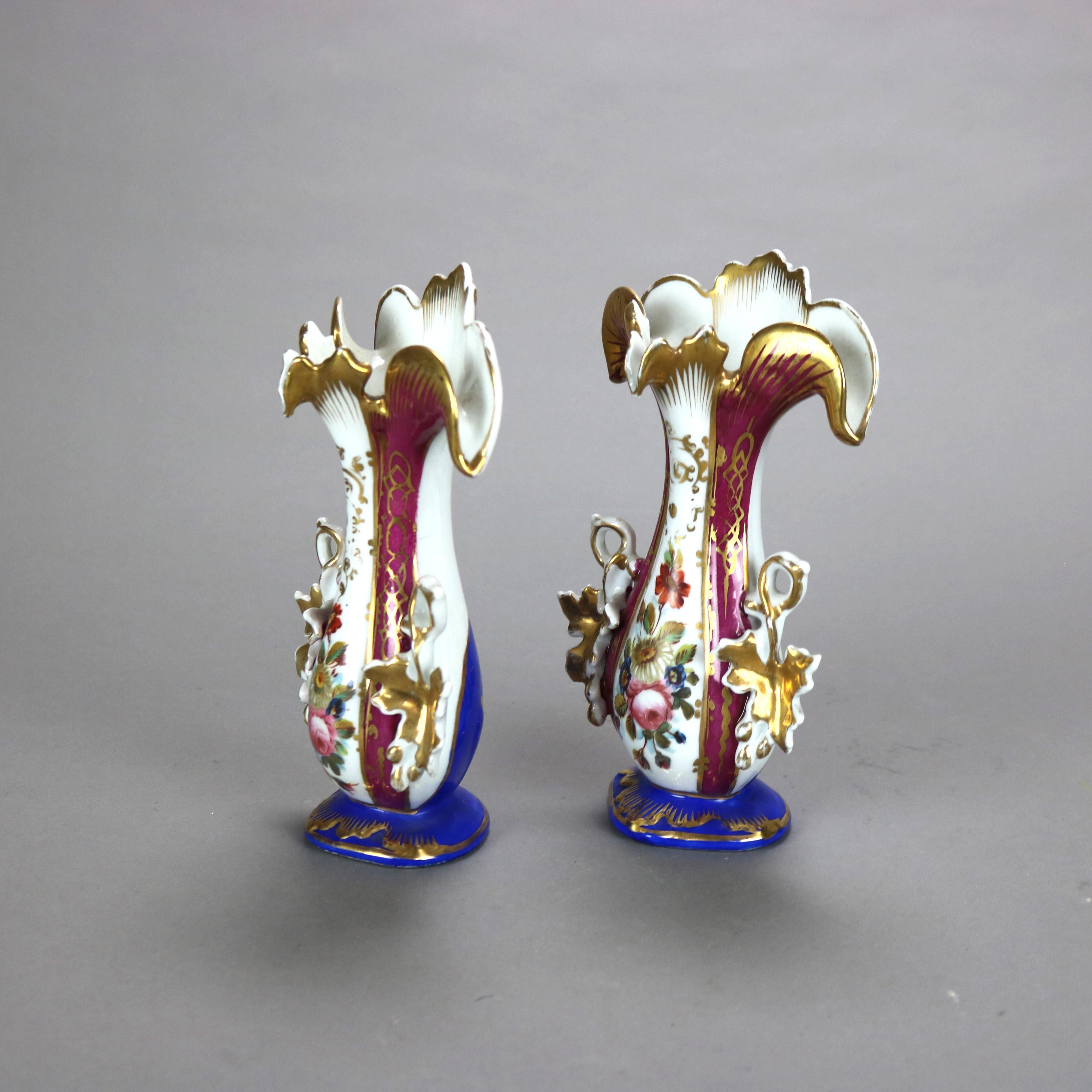 European Pair of Antique Old Paris Floral & Gilt Hand Painted Porcelain Spill Vases C1880 For Sale