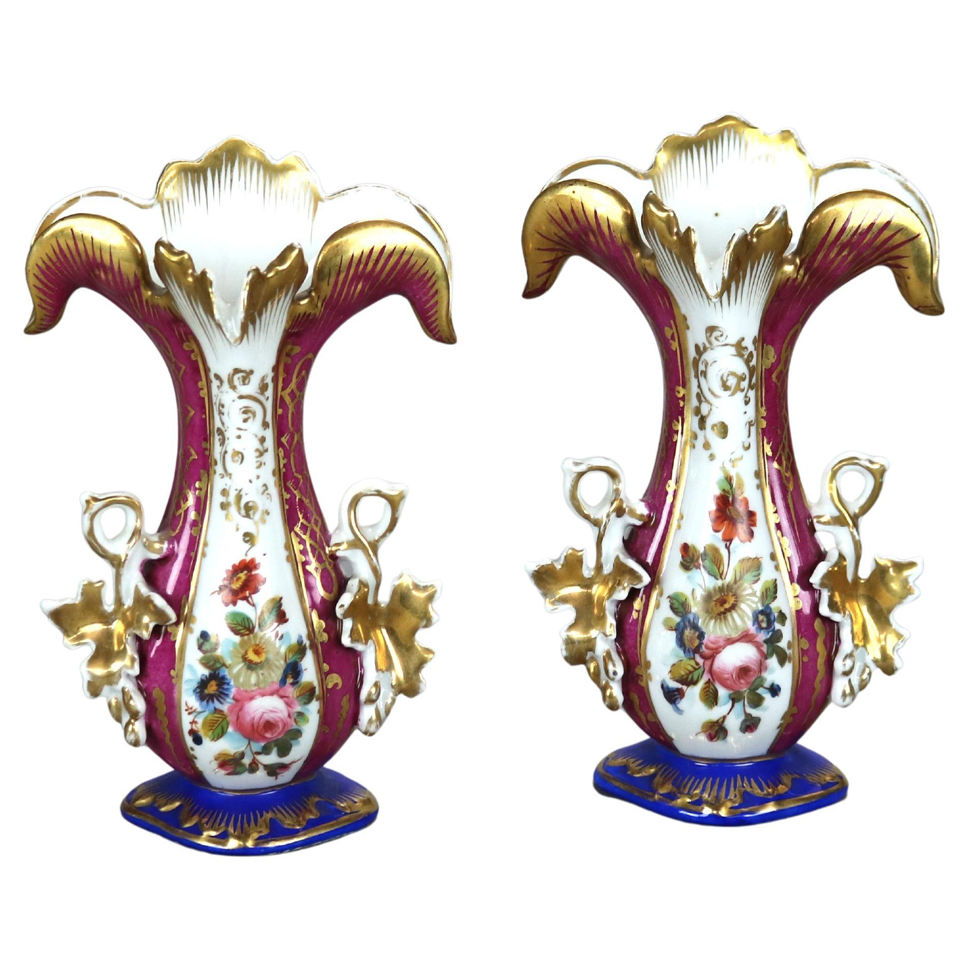 Pair of Antique Old Paris Floral & Gilt Hand Painted Porcelain Spill Vases C1880