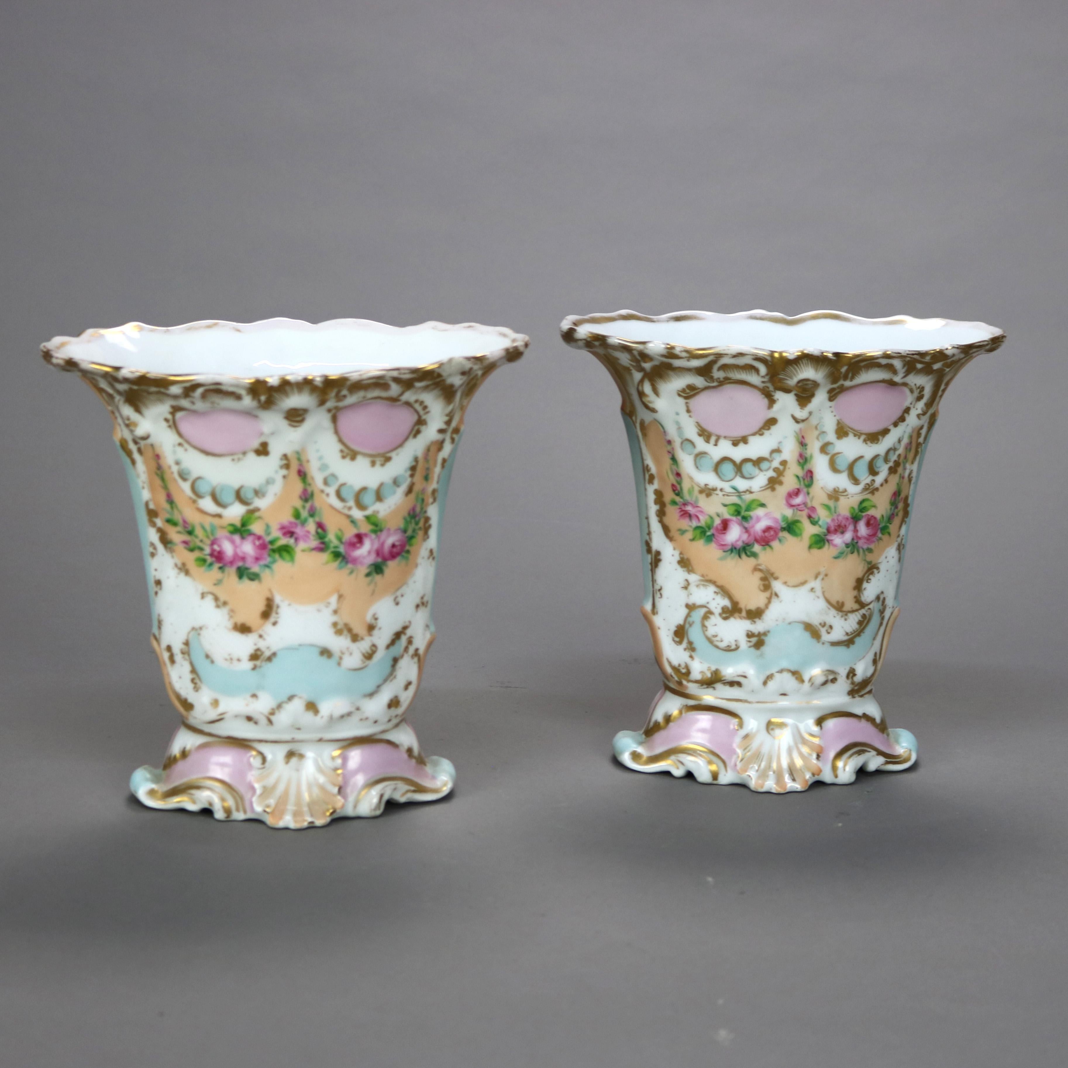19th Century Pair of Antique Old Paris Floral & Gilt Hand Painted Spill Vases C1880