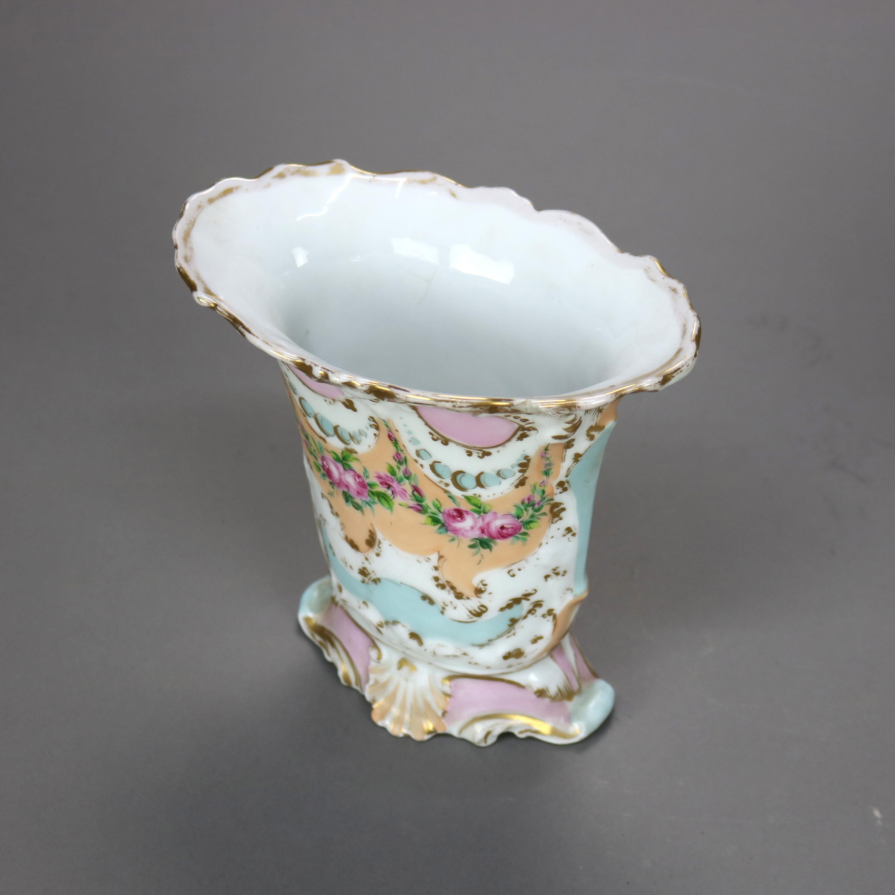 Porcelain Pair of Antique Old Paris Floral & Gilt Hand Painted Spill Vases C1880