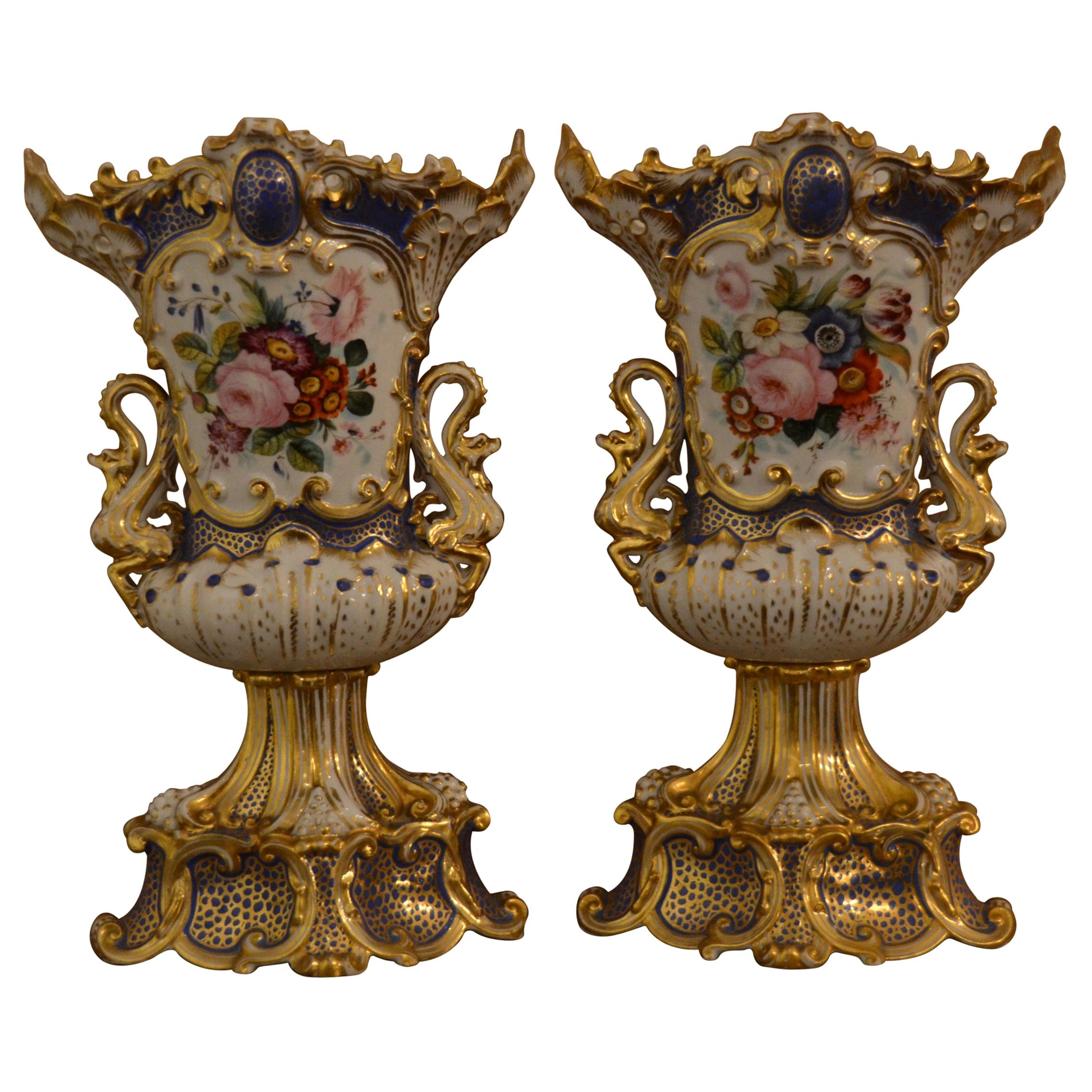 Pair of Antique Old Paris Hand Painted Jacob Petit Vases For Sale