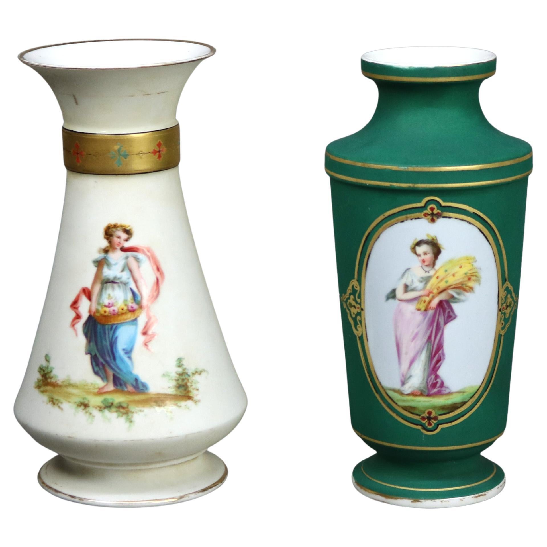 Pair of Antique Old Paris Porcelain Portrait Vases with Classical Women C1880 For Sale