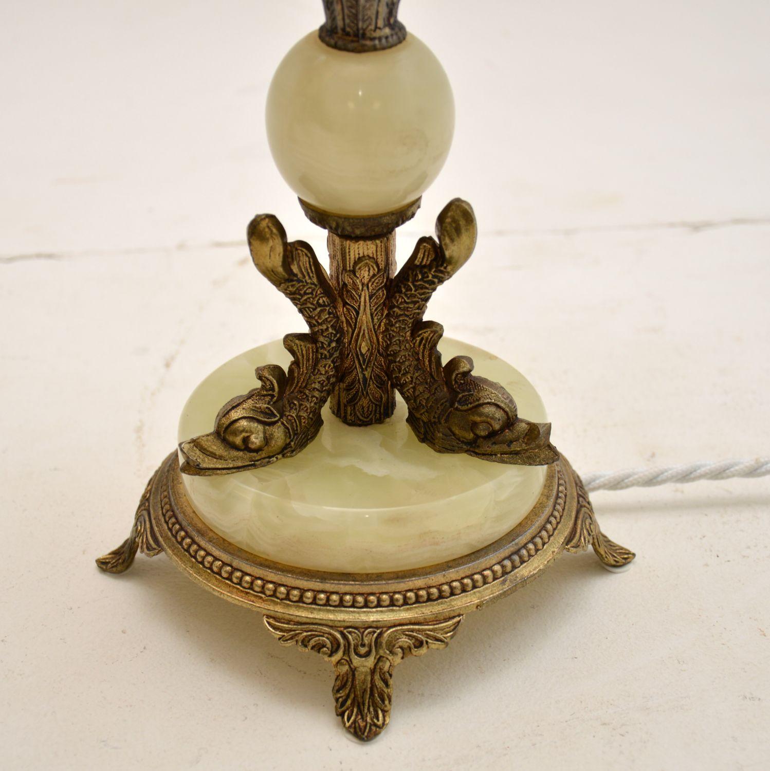 French Pair of Antique Onyx & Brass Table Lamps