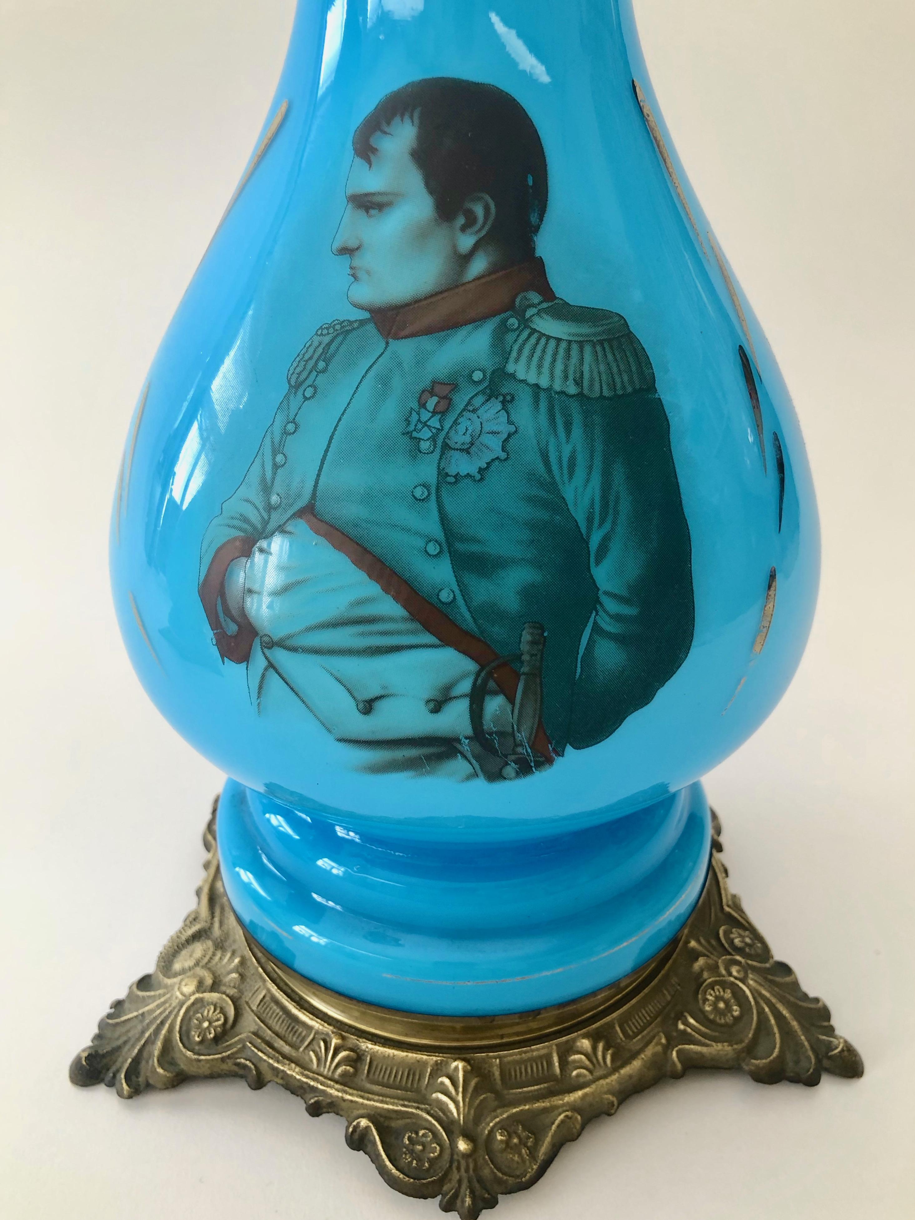 Pair of Antique Opaline Glass Oil Lamps, Depicting Napoleon and Josephine, 1890 For Sale 1