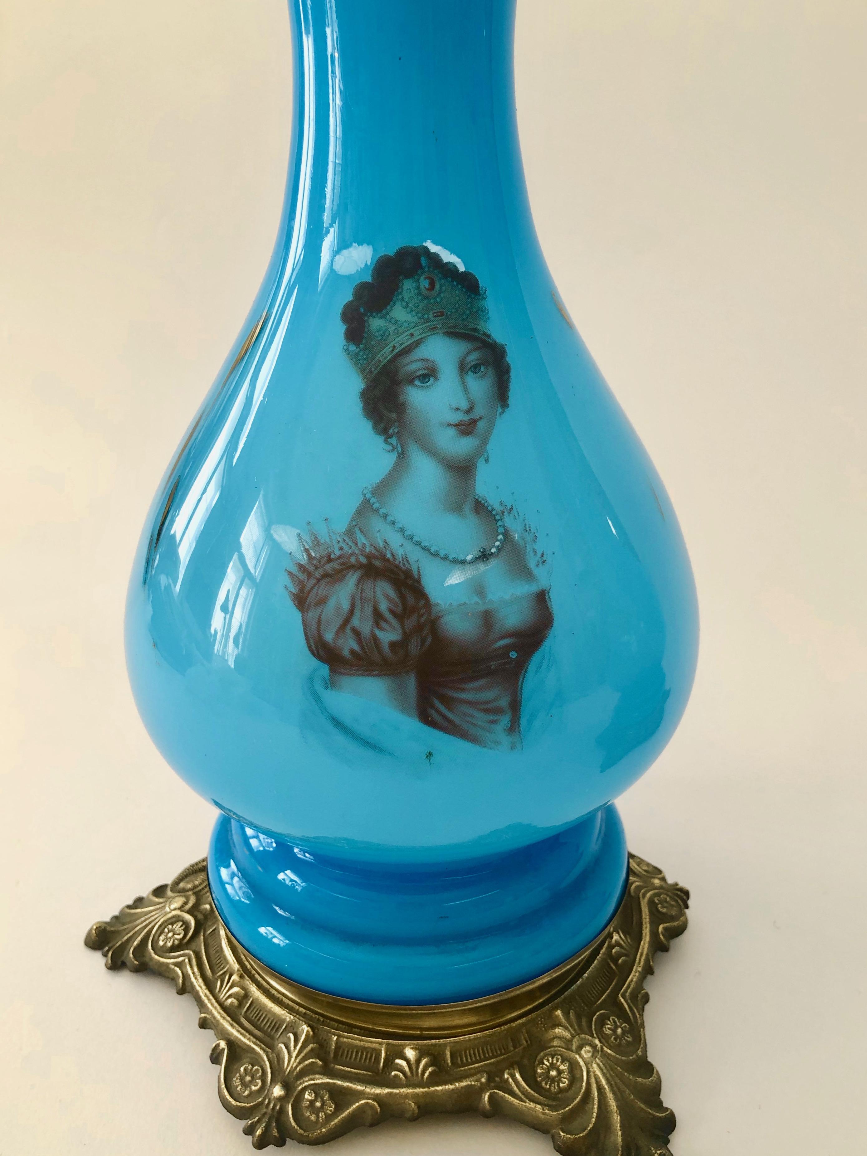 Pair of Antique Opaline Glass Oil Lamps, Depicting Napoleon and Josephine, 1890 For Sale 2