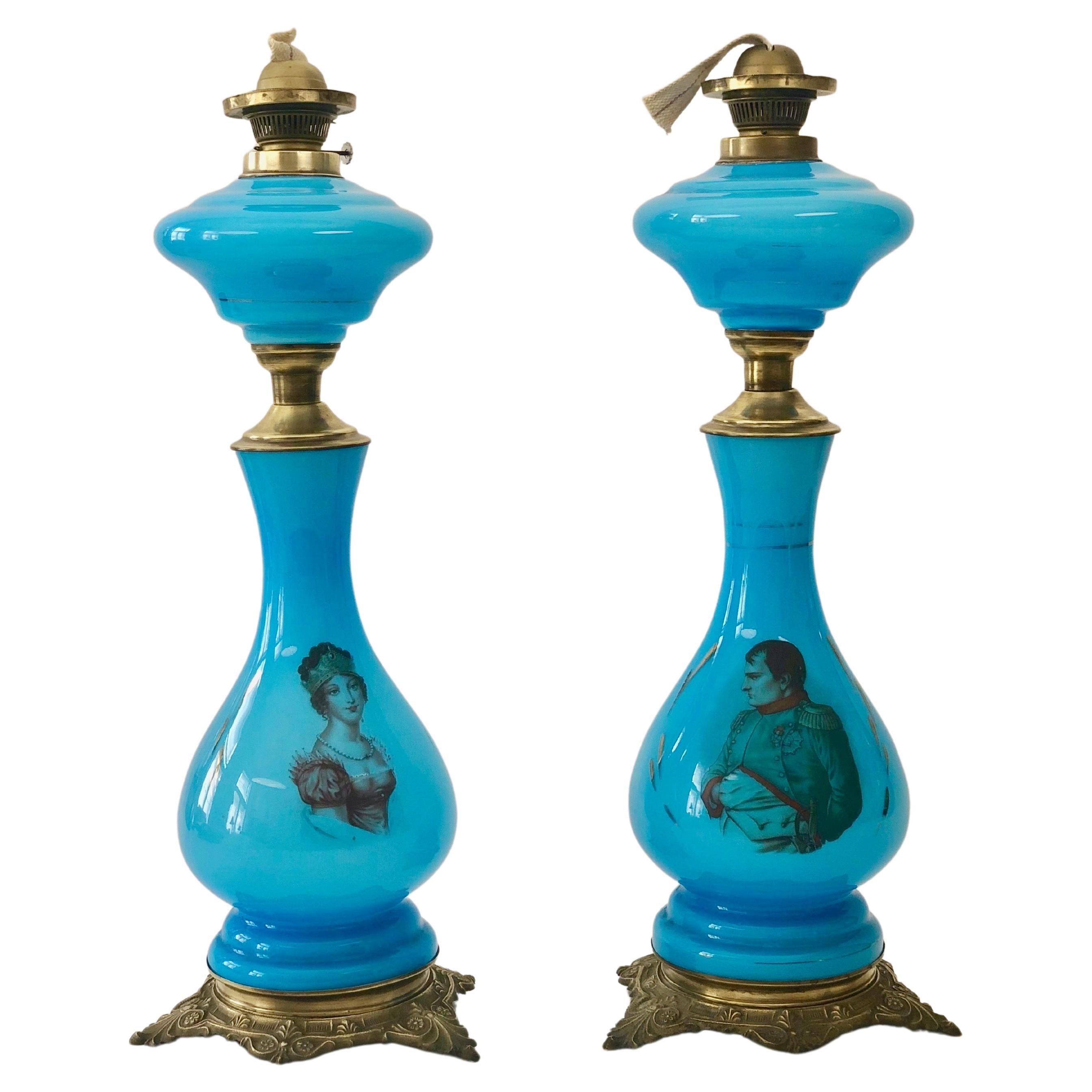 Pair of Antique Opaline Glass Oil Lamps, Depicting Napoleon and Josephine, 1890 For Sale