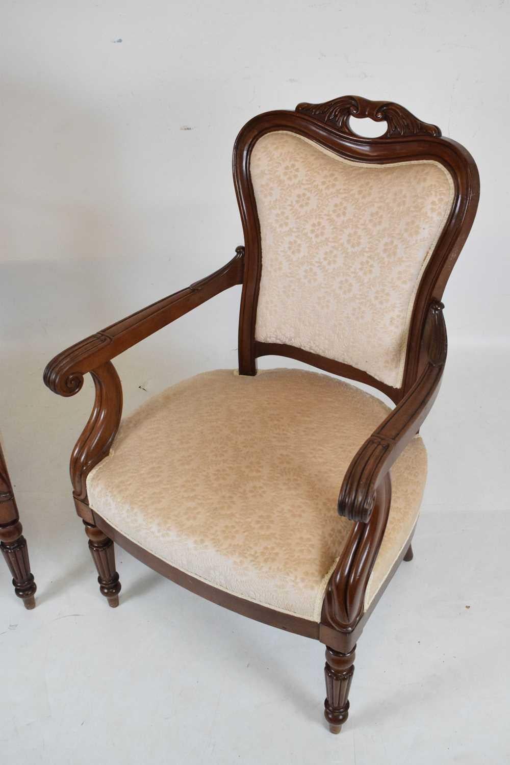 Hand-Crafted Pair of Antique Open Armchairs, Scrolling Shaped Arms, on Fluted Turned Support For Sale