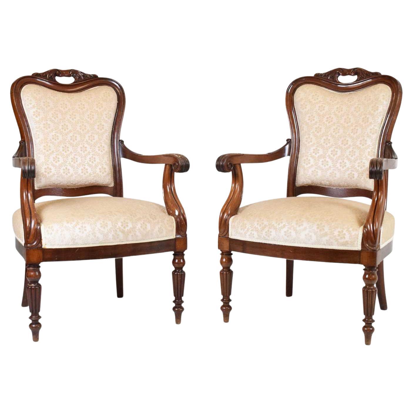 Pair of Antique Open Armchairs, Scrolling Shaped Arms, on Fluted Turned Support