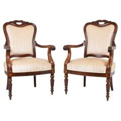 Pair of Antique Open Armchairs, Scrolling Shaped Arms, on Fluted Turned Support