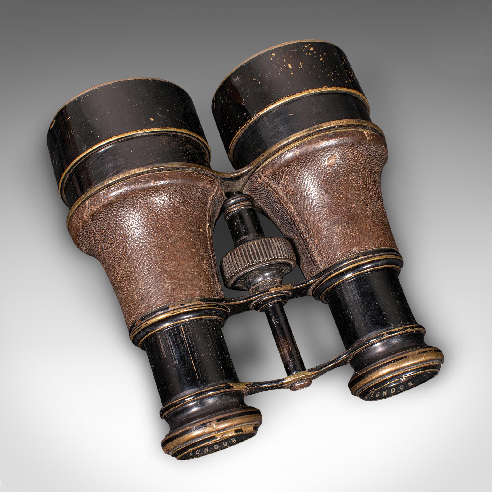 Paire de lunettes d'opéra anciennes, anglaises, cuir, laiton, binoculaires, Ross London en vente 3