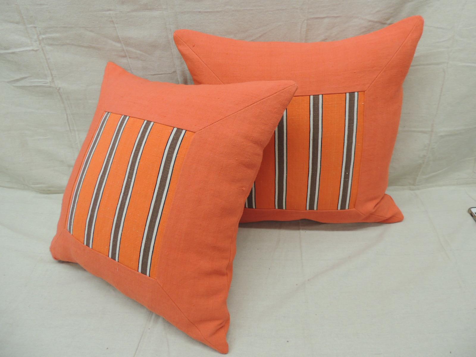 Pair of antique orange stripes square decorative pillows.
Same orange antique linen backings.
Decorative pillow handcrafted and designed in the USA.
Closure by stitch (no zipper closure) with custom made pillow insert.
Size: 20