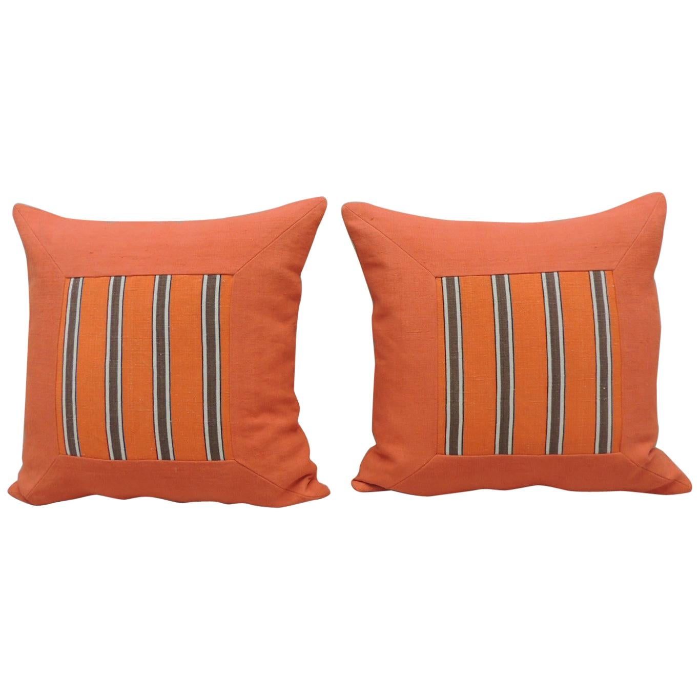 Pair of Antique Orange Stripes Square Decorative Pillows For Sale