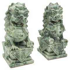 Pair Of Antique Oriental Bookends, Chinese, Jade Marble, Dog of Fo, Victorian