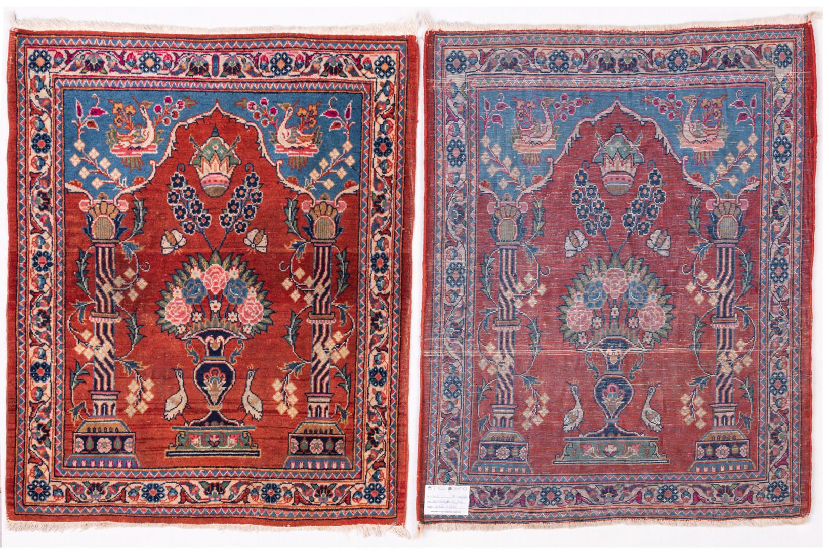 Rare pair of antique oriental carpets with the crown of the Qajar dynasty. Unique.
As bedside rugs or hung as paintings.
Now I want to close my activities: if You are unterested, I can offer You a good price.