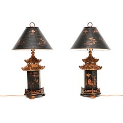 Pair of Antique Oriental Style Lacquered Chinoiserie Table Lamps