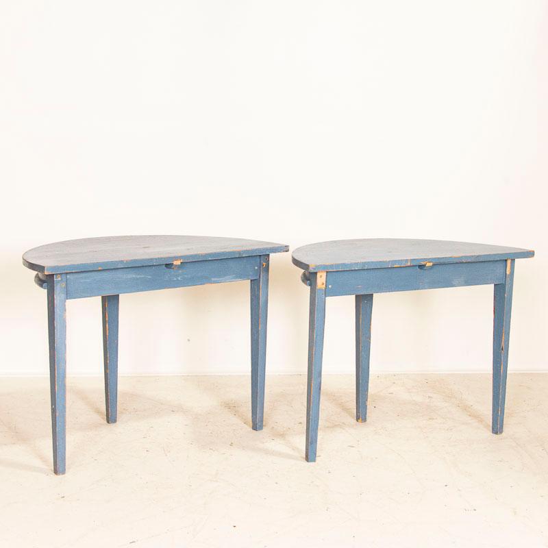 Swedish Pair of Antique Original Blue Painted Demilune Tables from Sweden