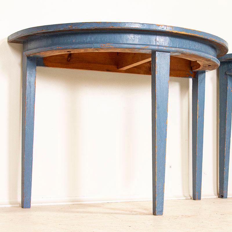 Wood Pair of Antique Original Blue Painted Demilune Tables from Sweden