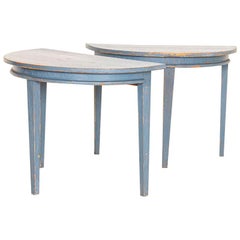 Pair of Antique Original Blue Painted Demilune Tables from Sweden