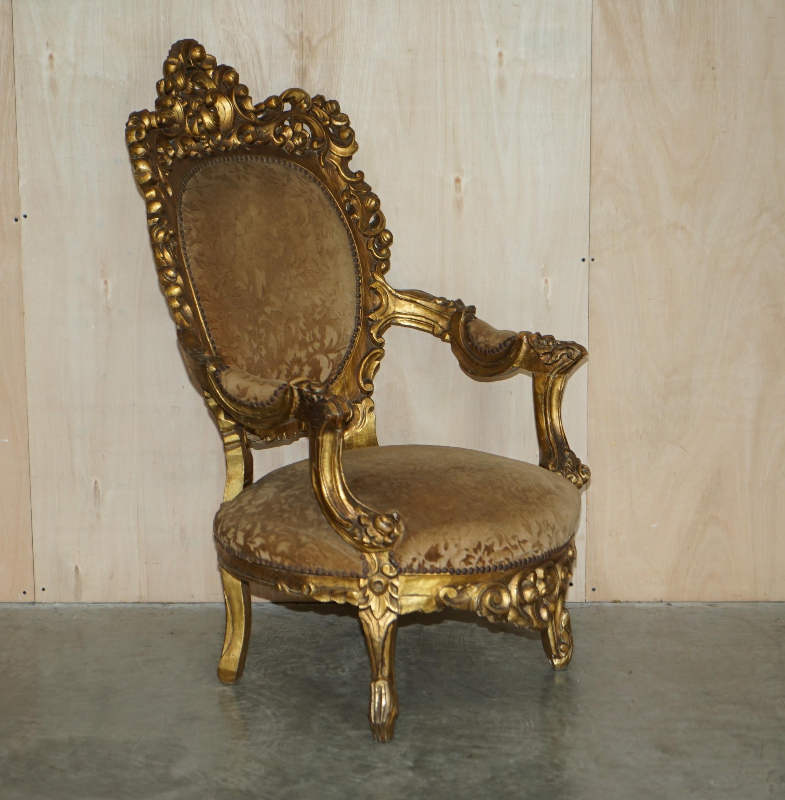 PAIR OF ANTIQUE ORIGINAL GiLTWOOD FINISH FRENCH LOUIS XV FAUTEUILS ARMCHAIRS 10