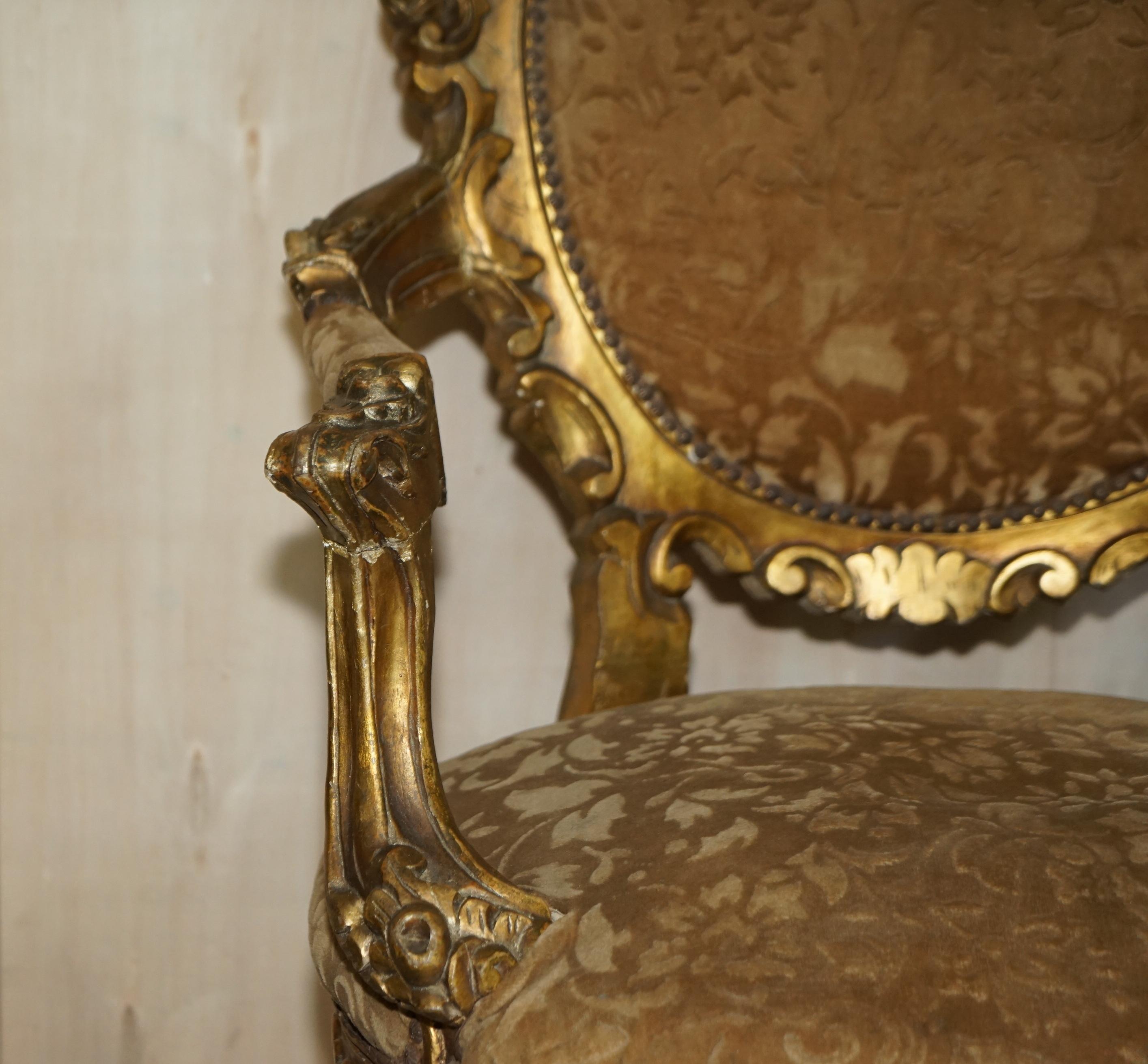 PAIR OF ANTIQUE ORIGINAL GiLTWOOD FINISH FRENCH LOUIS XV FAUTEUILS ARMCHAIRS For Sale 1