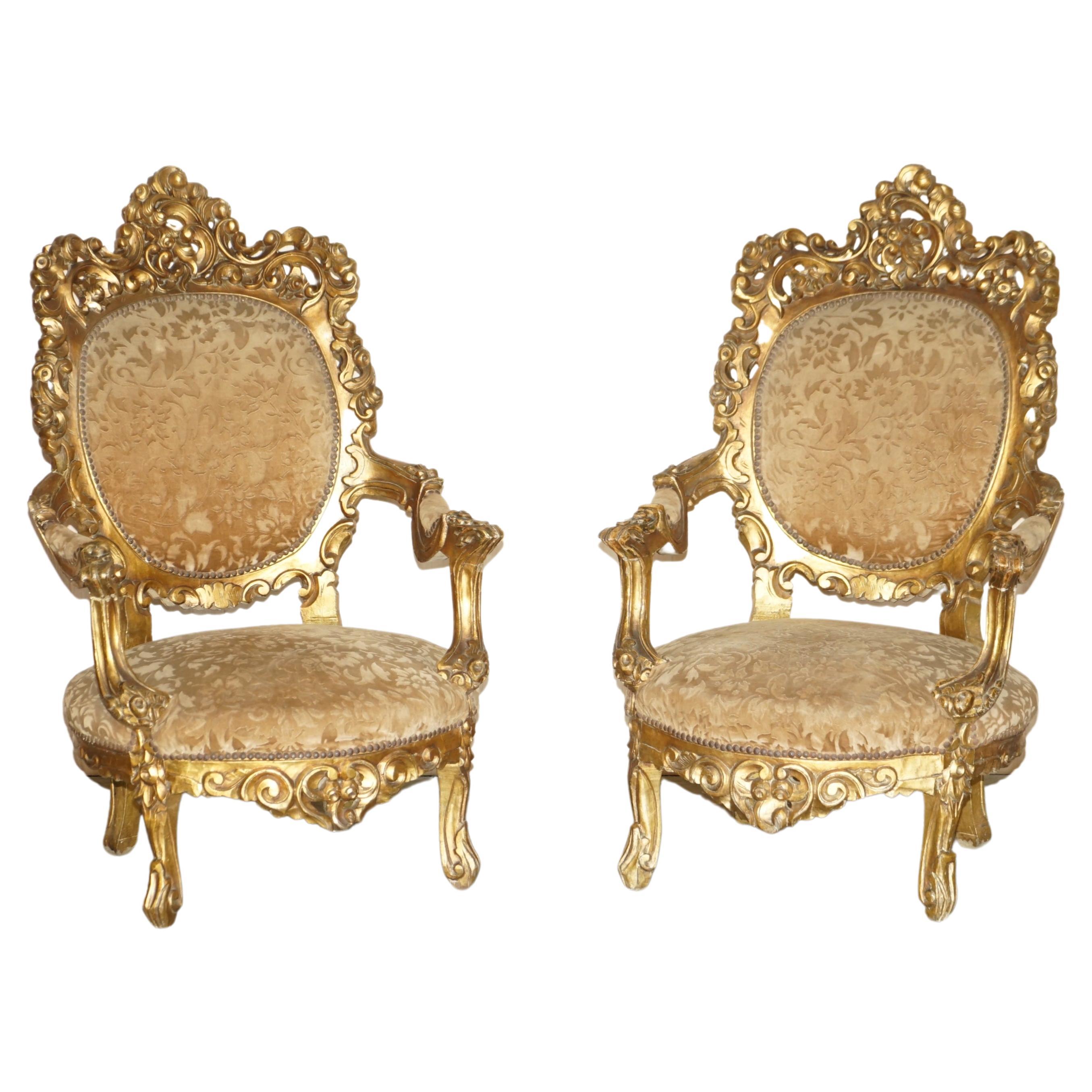 PAIR OF ANTIQUE ORIGINAL GiLTWOOD FINISH FRENCH LOUIS XV FAUTEUILS ARMCHAIRS For Sale