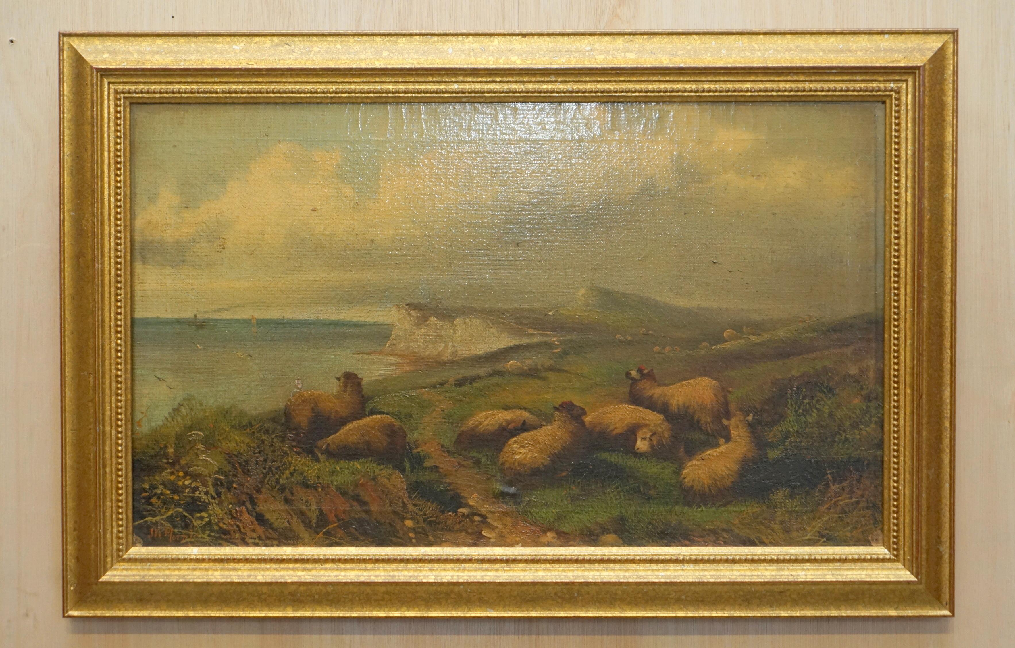PAIR OF ANTIQUE ORIGINAL JOHN W MORRIS 1865-1924 LANDSCAPE SHEEP OIL PAiNTINGS For Sale 2