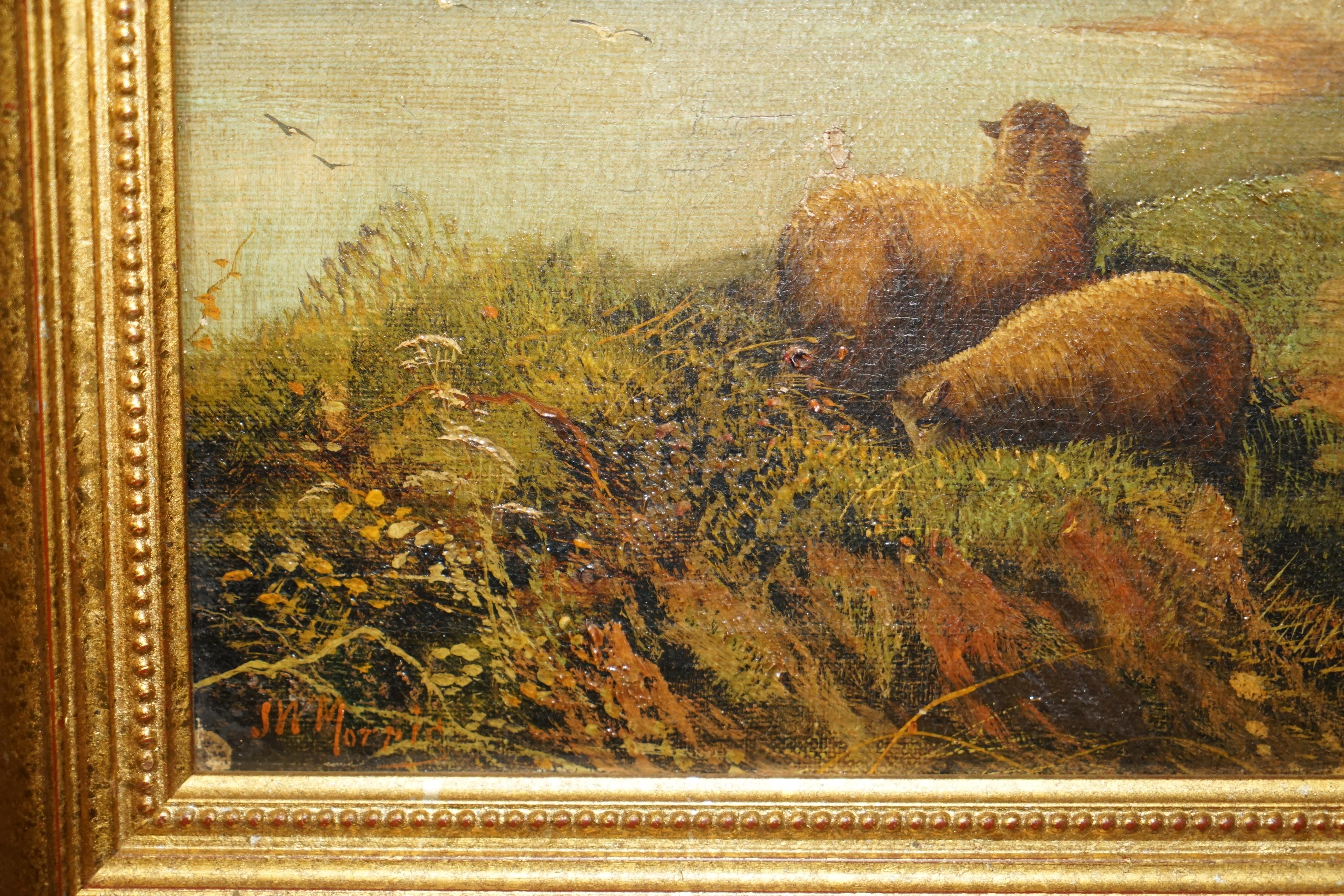 PAR DE PINTURAS ORIGINALES ANTIGUAS DE JOHN W MORRIS 1865-1924 PAISAJE OLEO OVEJAS en venta 5