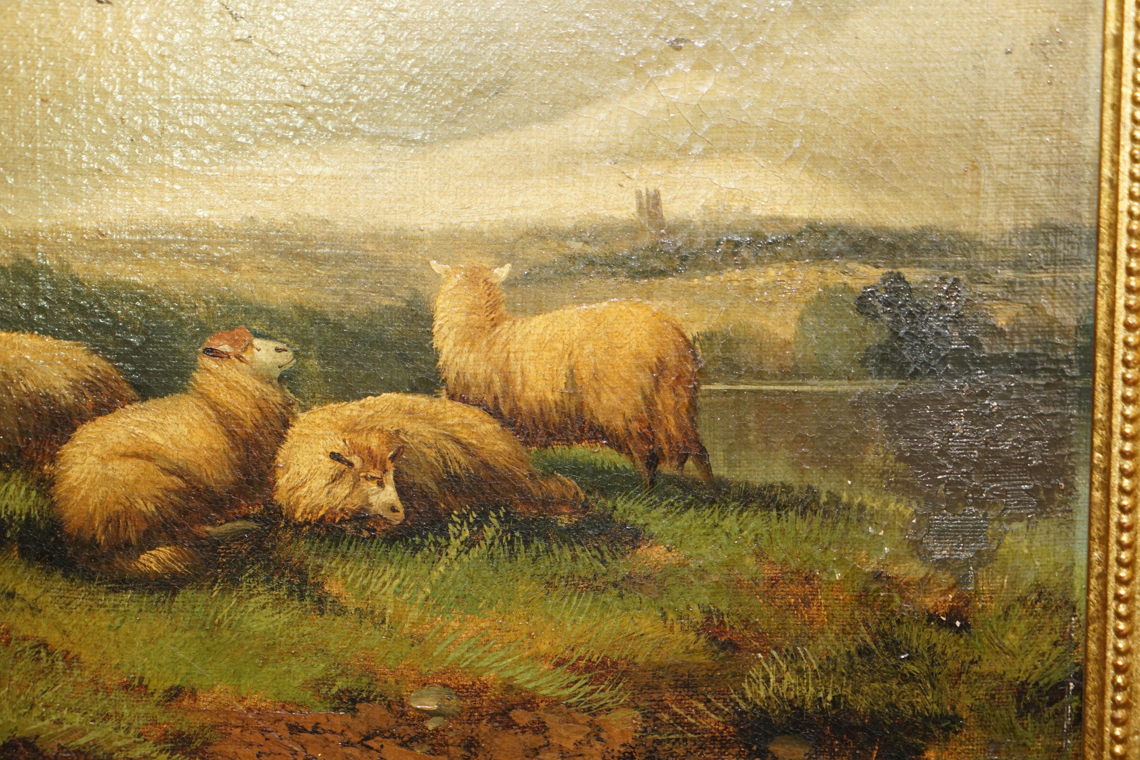 Canvas PAIR OF ANTIQUE ORIGINAL JOHN W MORRIS 1865-1924 LANDSCAPE SHEEP OIL PAiNTINGS For Sale