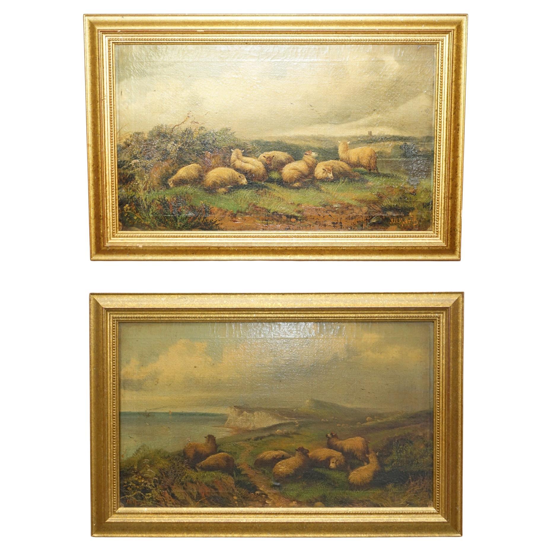 COPPIA DI ANTICHE PITTURE ALL'OLIO ORIGINALI DI JOHN W MORRIS 1865-1924, PAESE DI PECORE