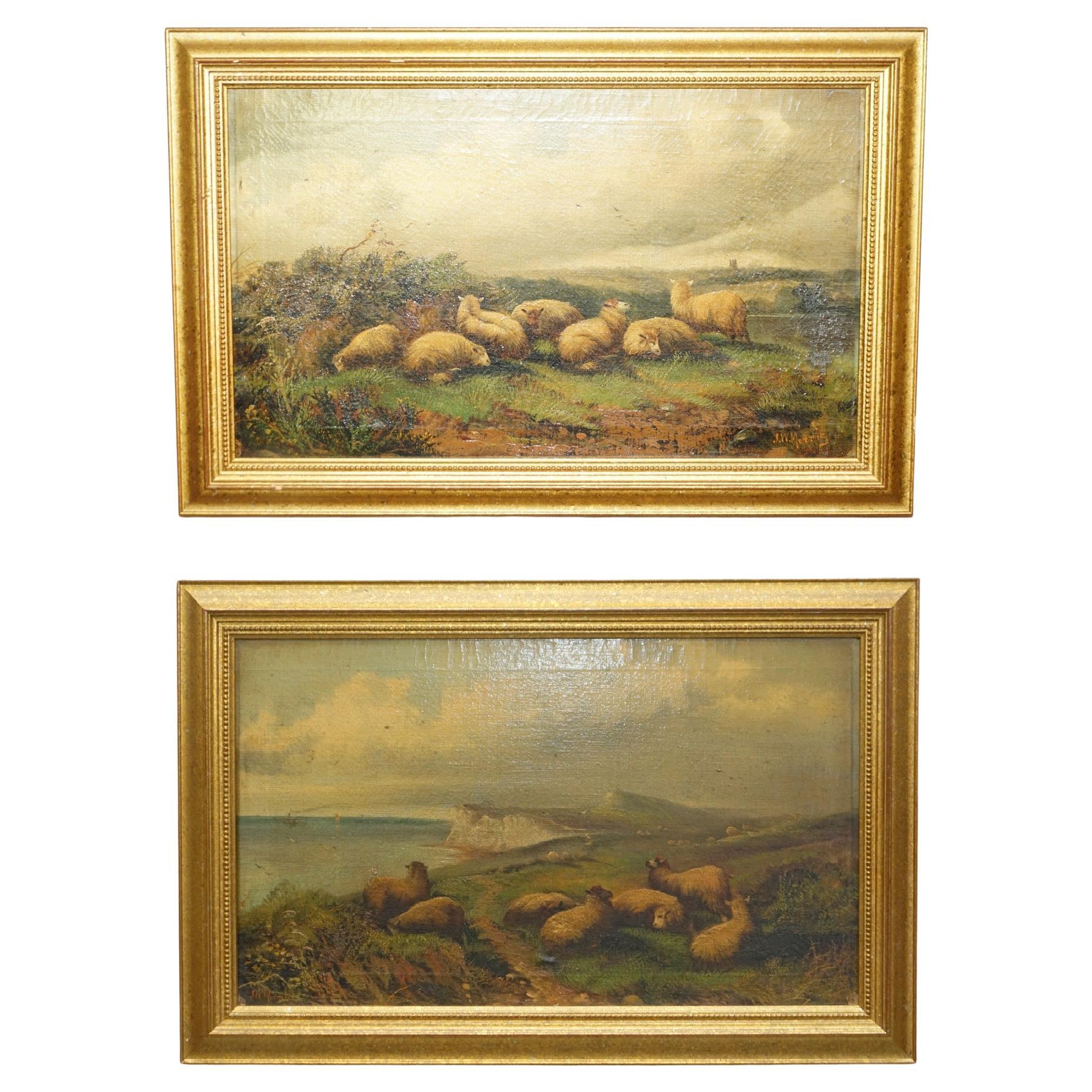 PAIR OF ANTIQUE ORIGINAL JOHN W MORRIS 1865-1924 LANDSCAPE SHEEP OIL PAiNTINGS For Sale