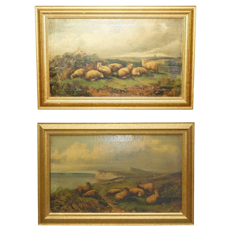 PAIR OF ANTIQUE ORIGINAL JOHN W MORRIS 18651924 LANDSCAPE SHEEP OIL