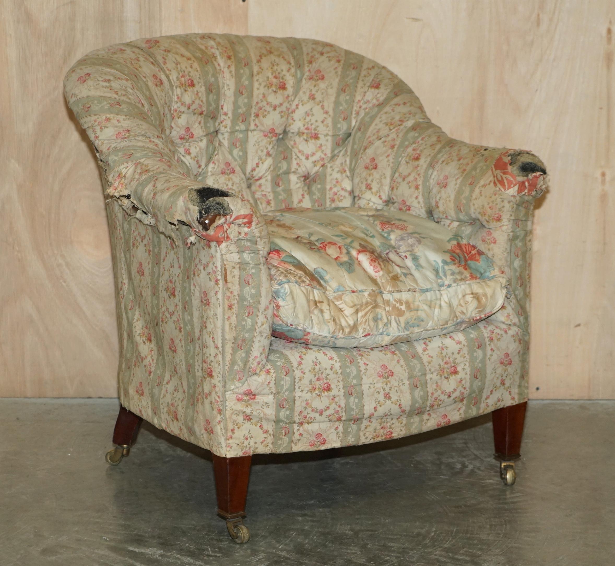 Pair of Antique Original Ticking Fabric Howard & Son's Chesterfield Armchairs For Sale 6