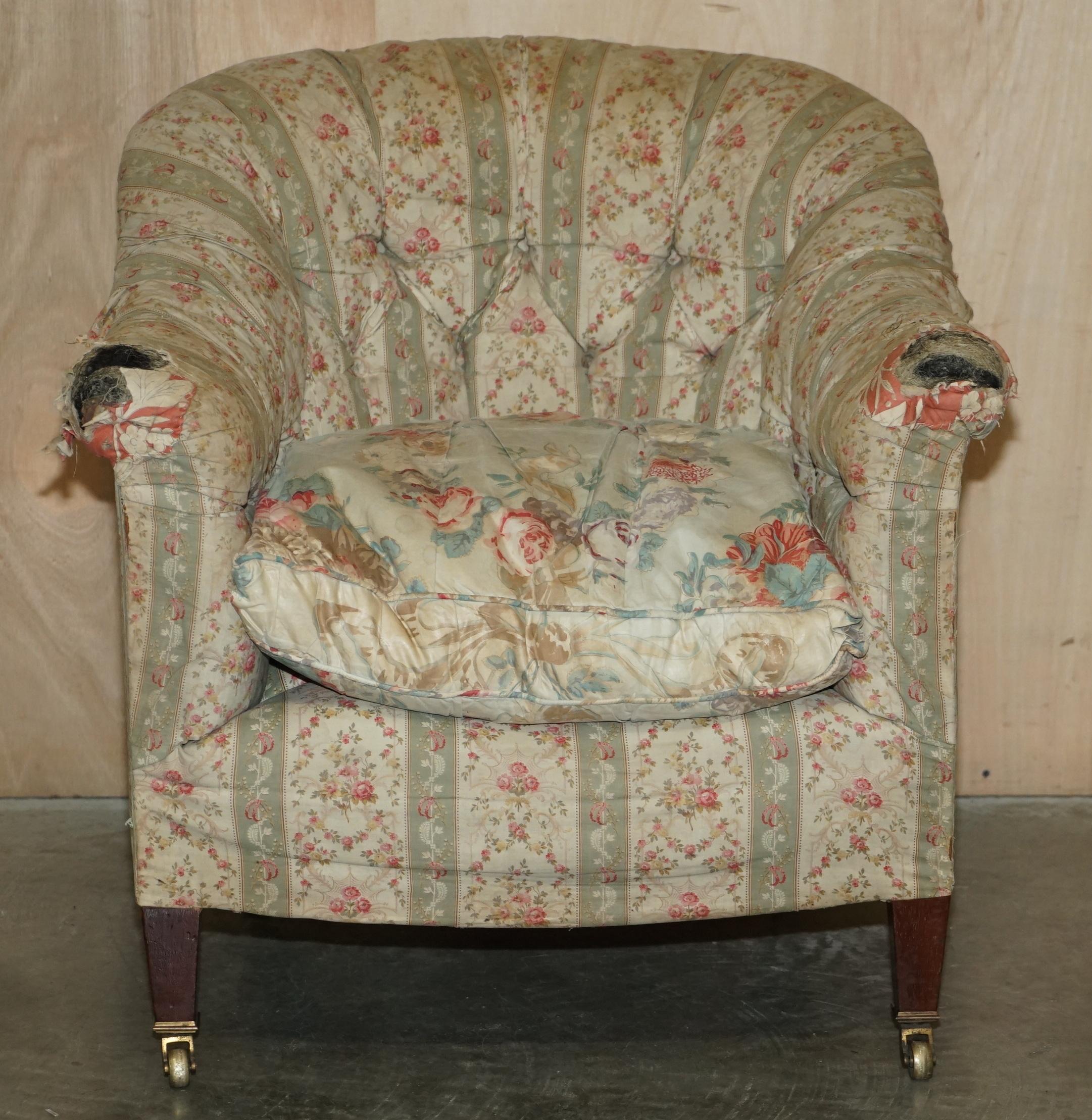Pair of Antique Original Ticking Fabric Howard & Son's Chesterfield Armchairs For Sale 7