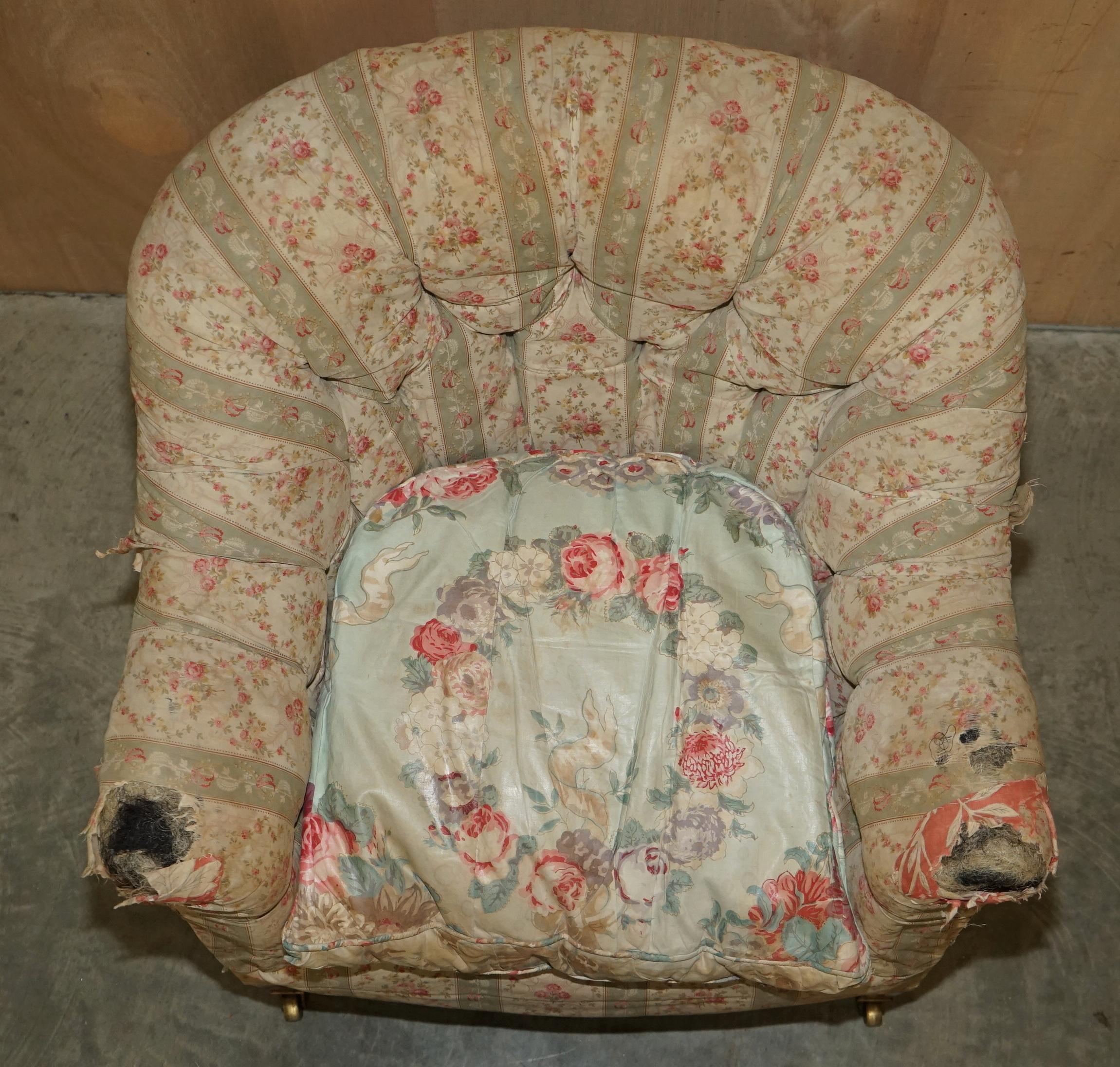 Pair of Antique Original Ticking Fabric Howard & Son's Chesterfield Armchairs For Sale 8