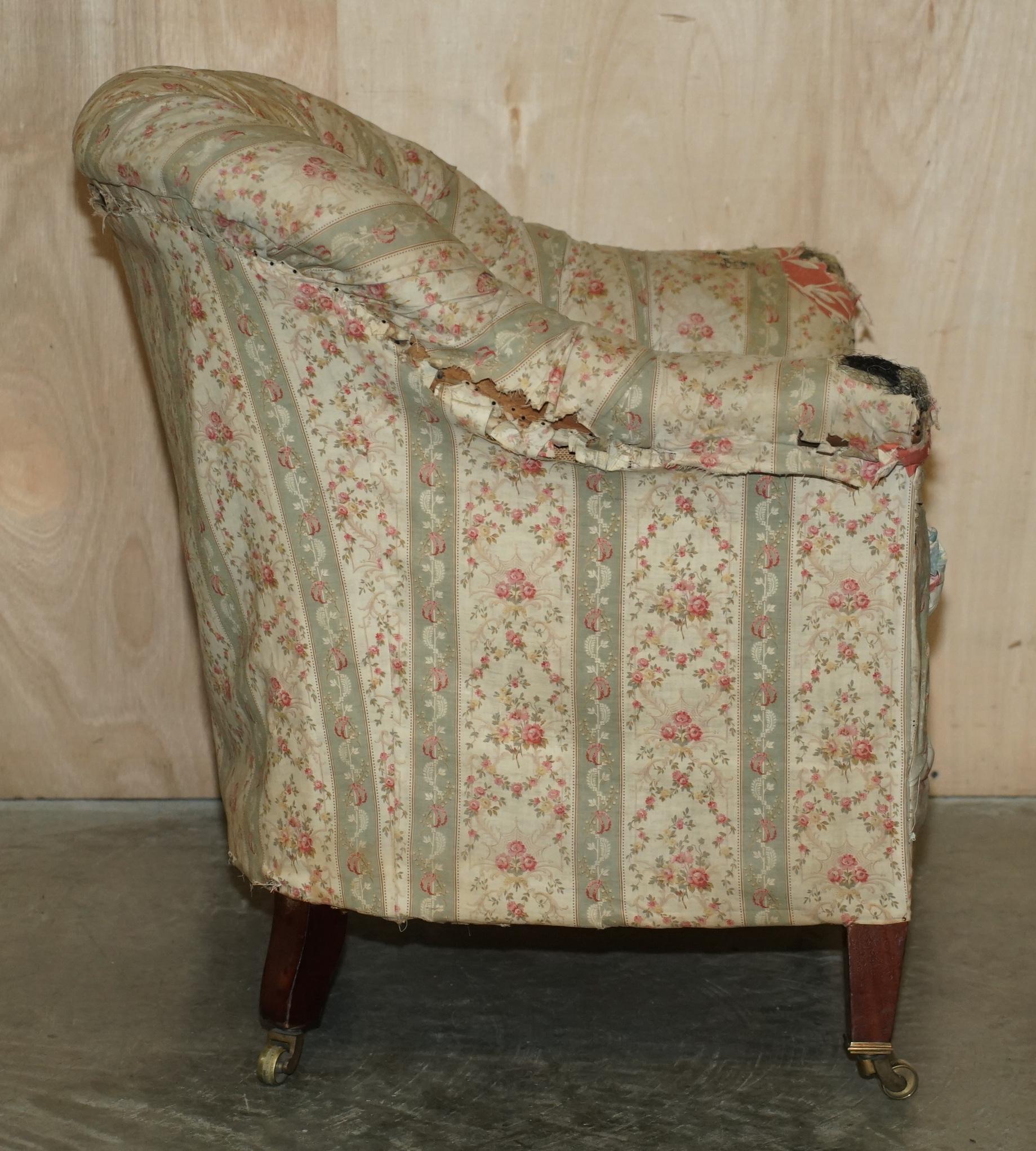 Pair of Antique Original Ticking Fabric Howard & Son's Chesterfield Armchairs For Sale 9