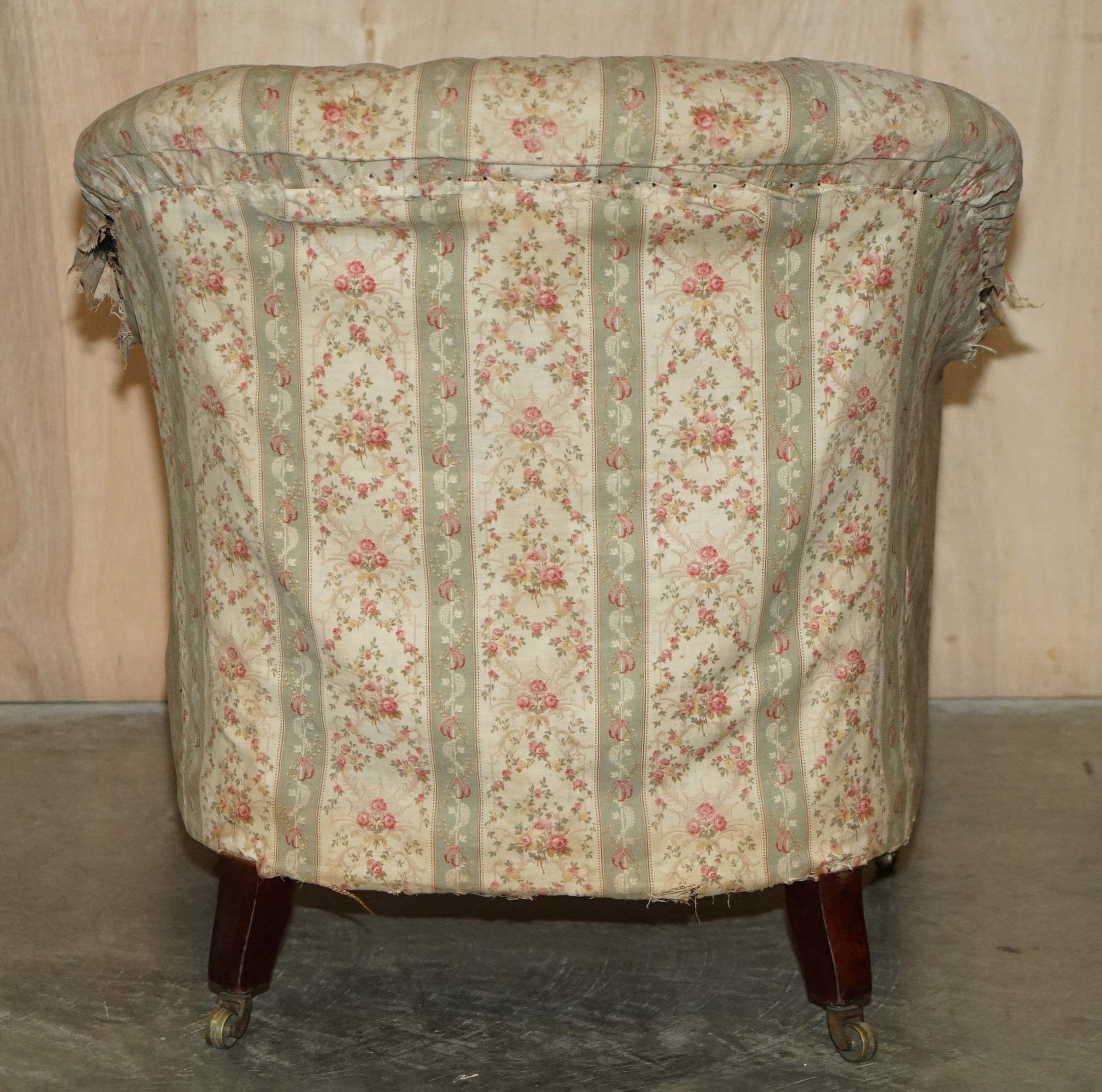 Pair of Antique Original Ticking Fabric Howard & Son's Chesterfield Armchairs For Sale 10