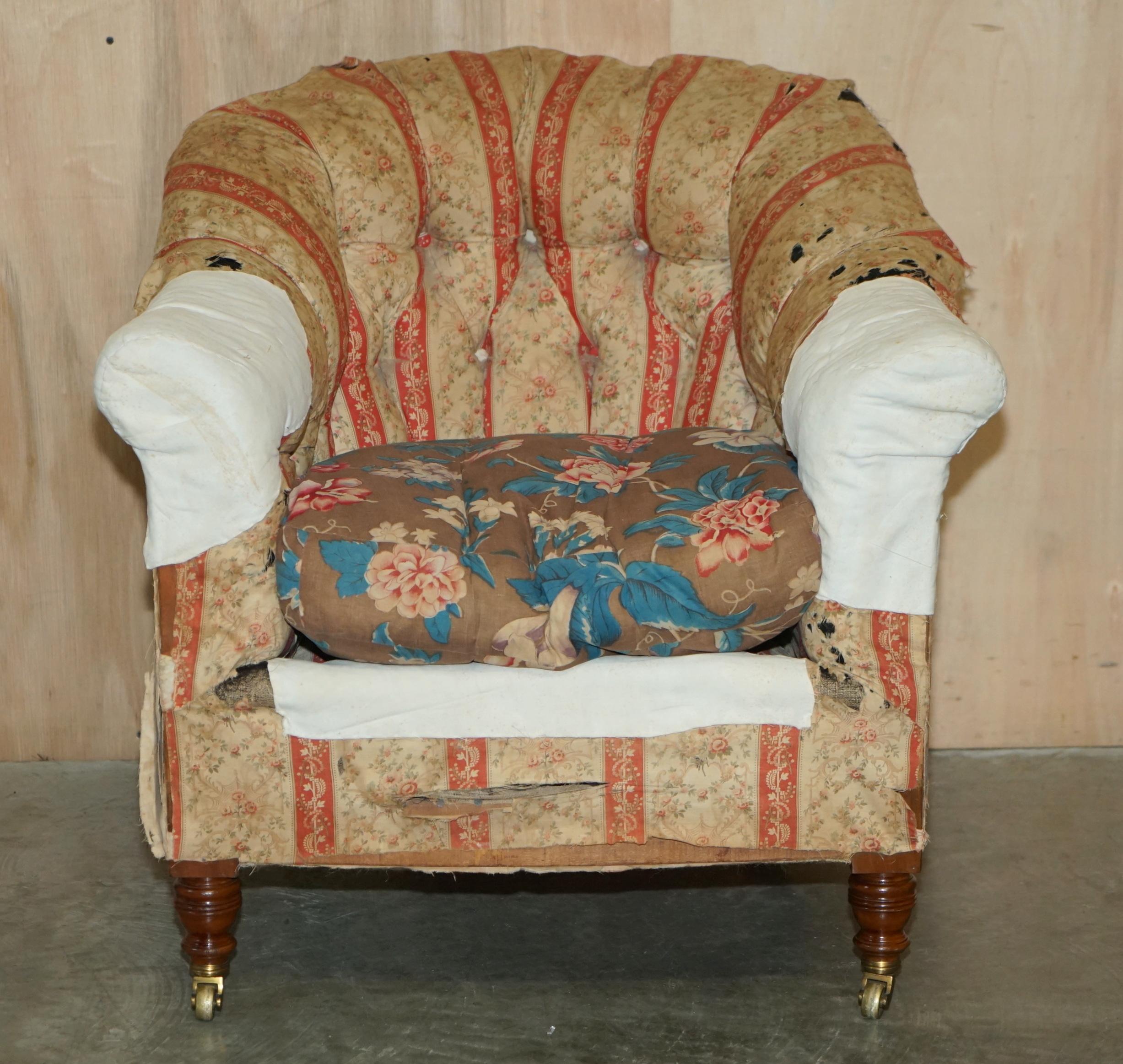 Victorian Pair of Antique Original Ticking Fabric Howard & Son's Chesterfield Armchairs For Sale