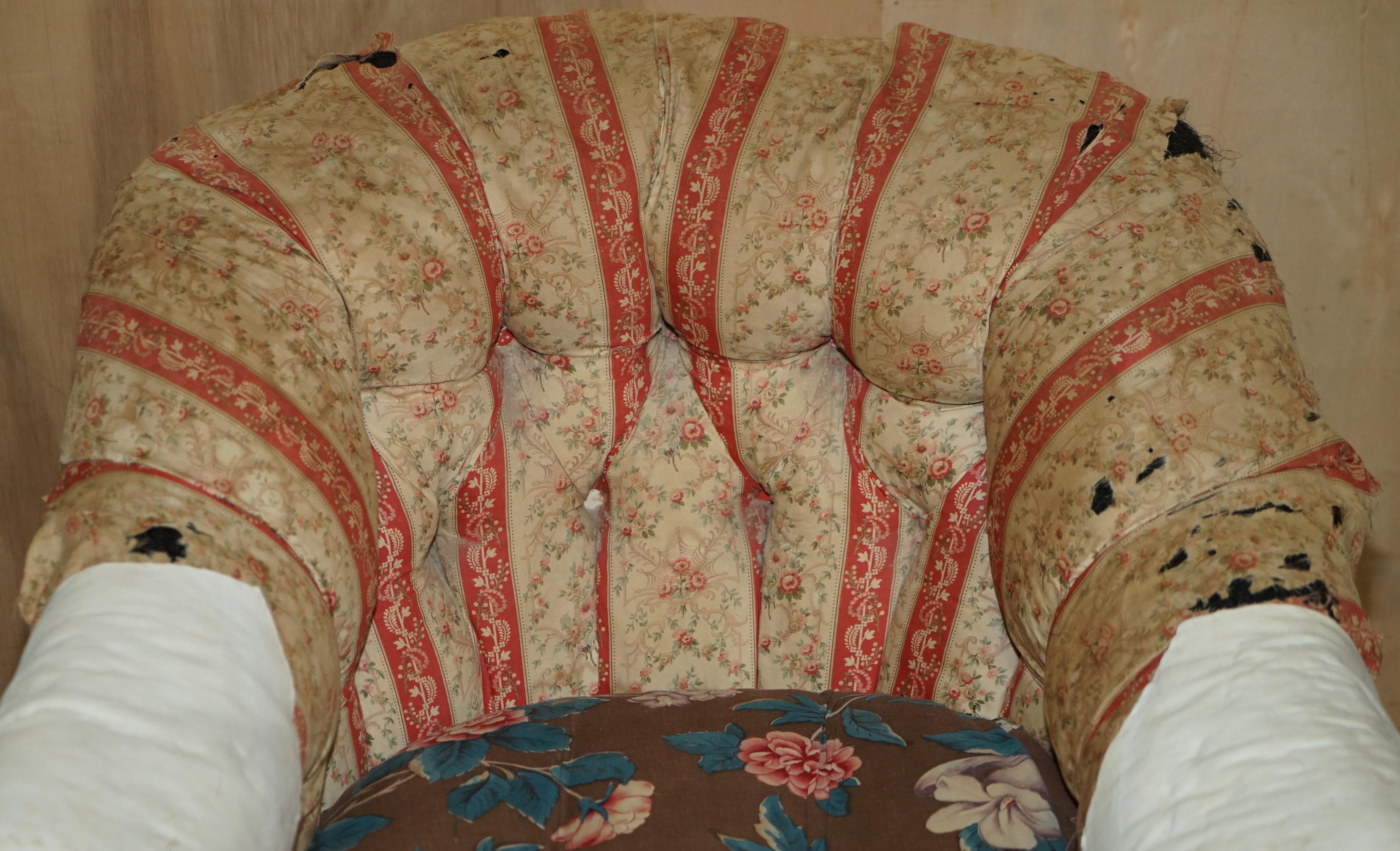 English Pair of Antique Original Ticking Fabric Howard & Son's Chesterfield Armchairs For Sale