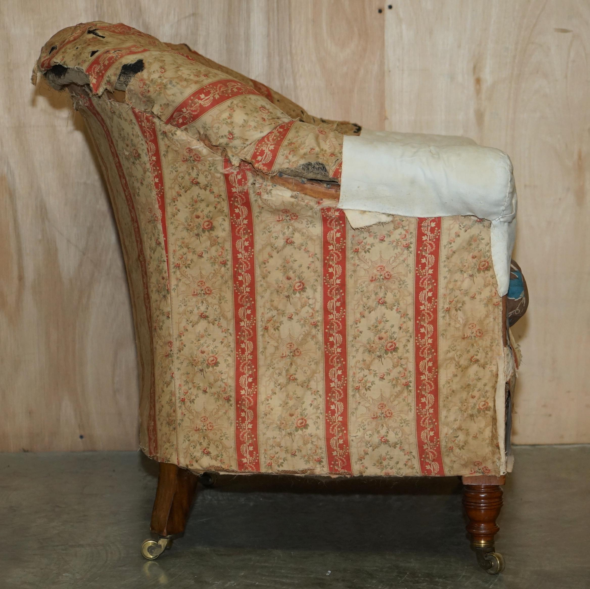 Upholstery Pair of Antique Original Ticking Fabric Howard & Son's Chesterfield Armchairs For Sale